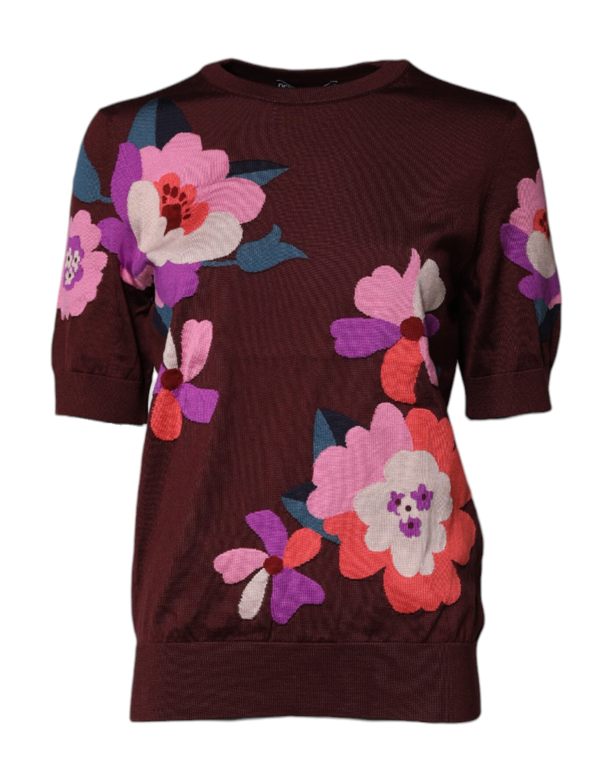 Maroon Floral Silk Crew Neck Blouse Top - ventzia