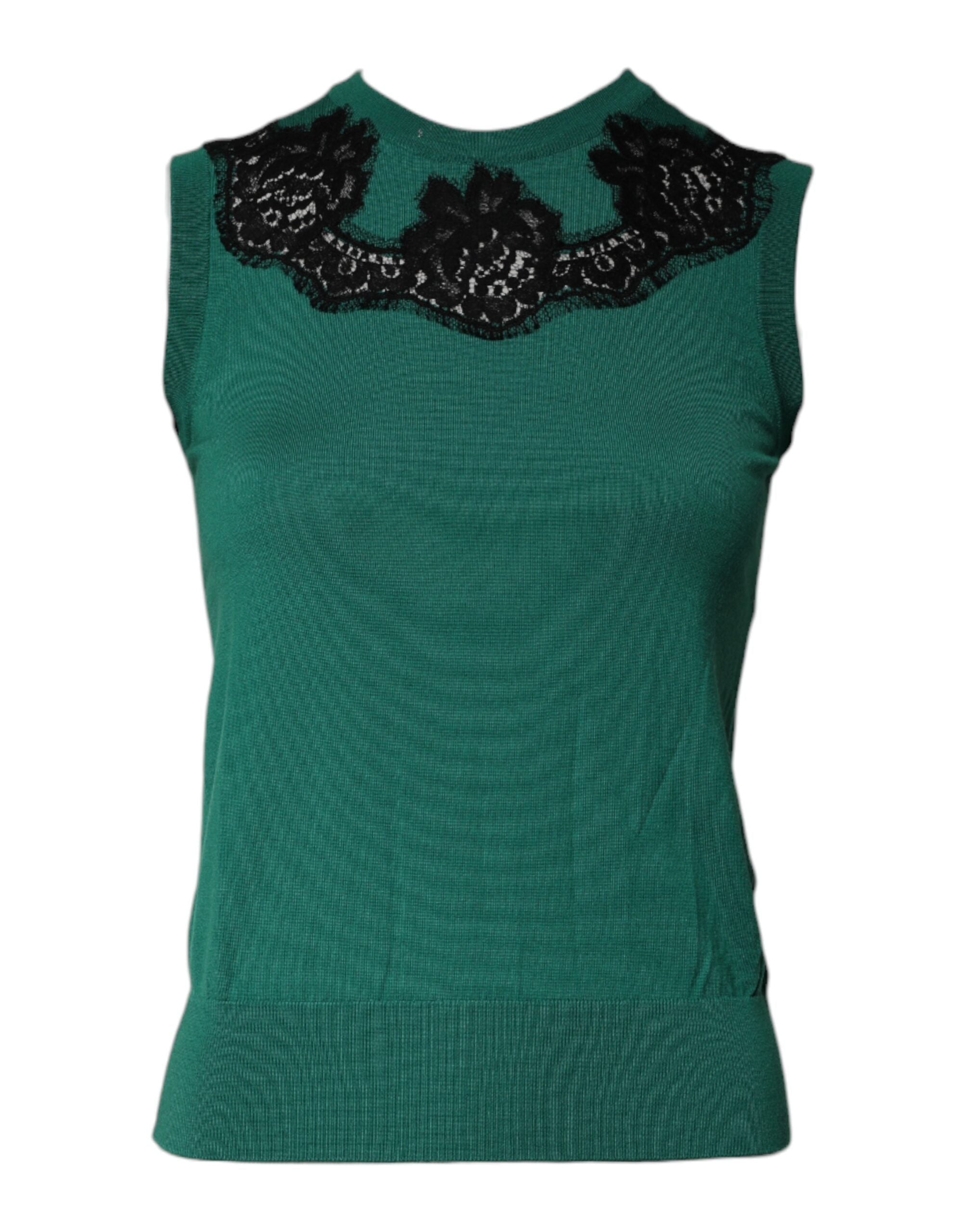 Green Wool Lace Detail Sleeveless Tank Top - ventzia