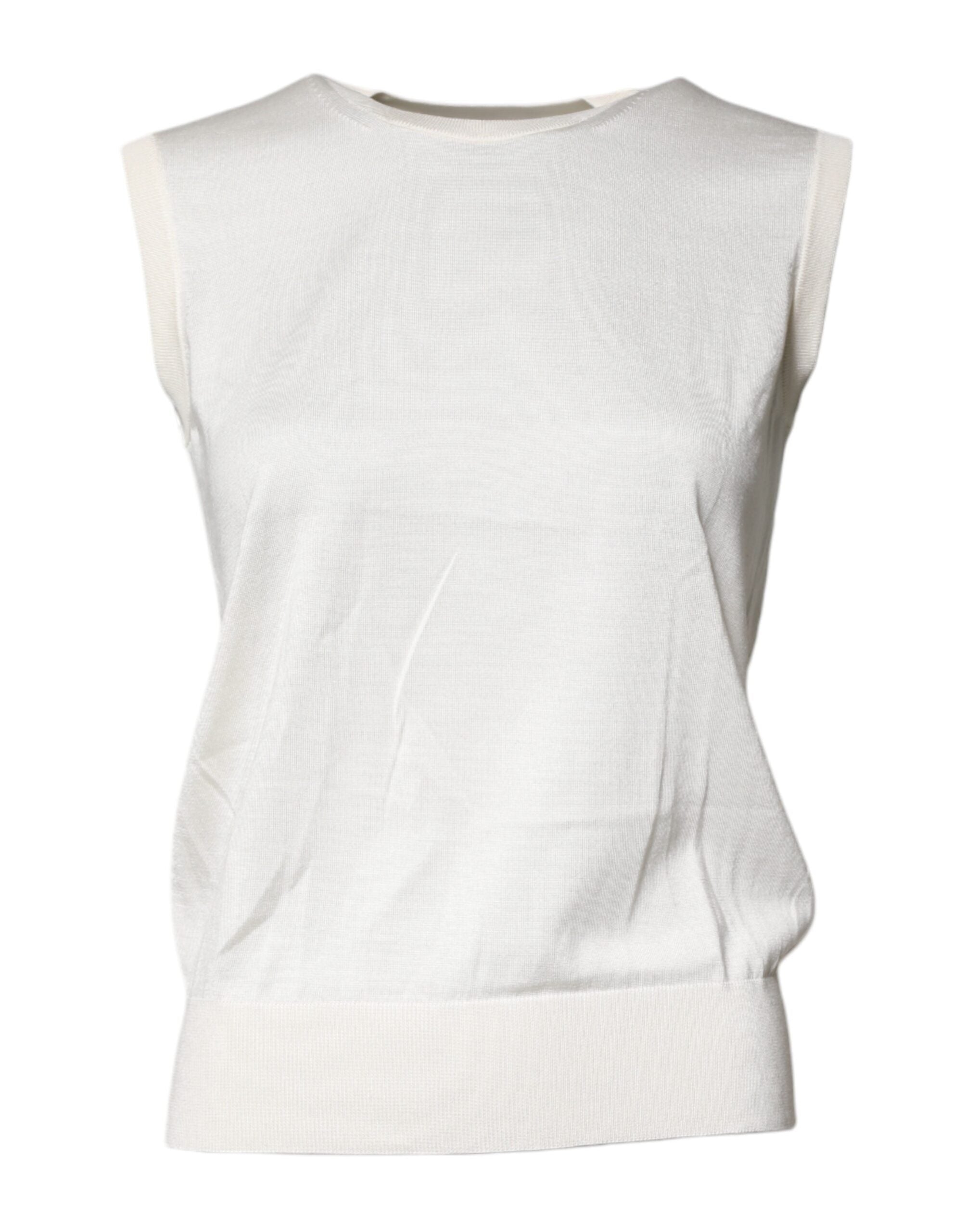 Cream Sleeveless Silk Round Neck Tank Top - ventzia