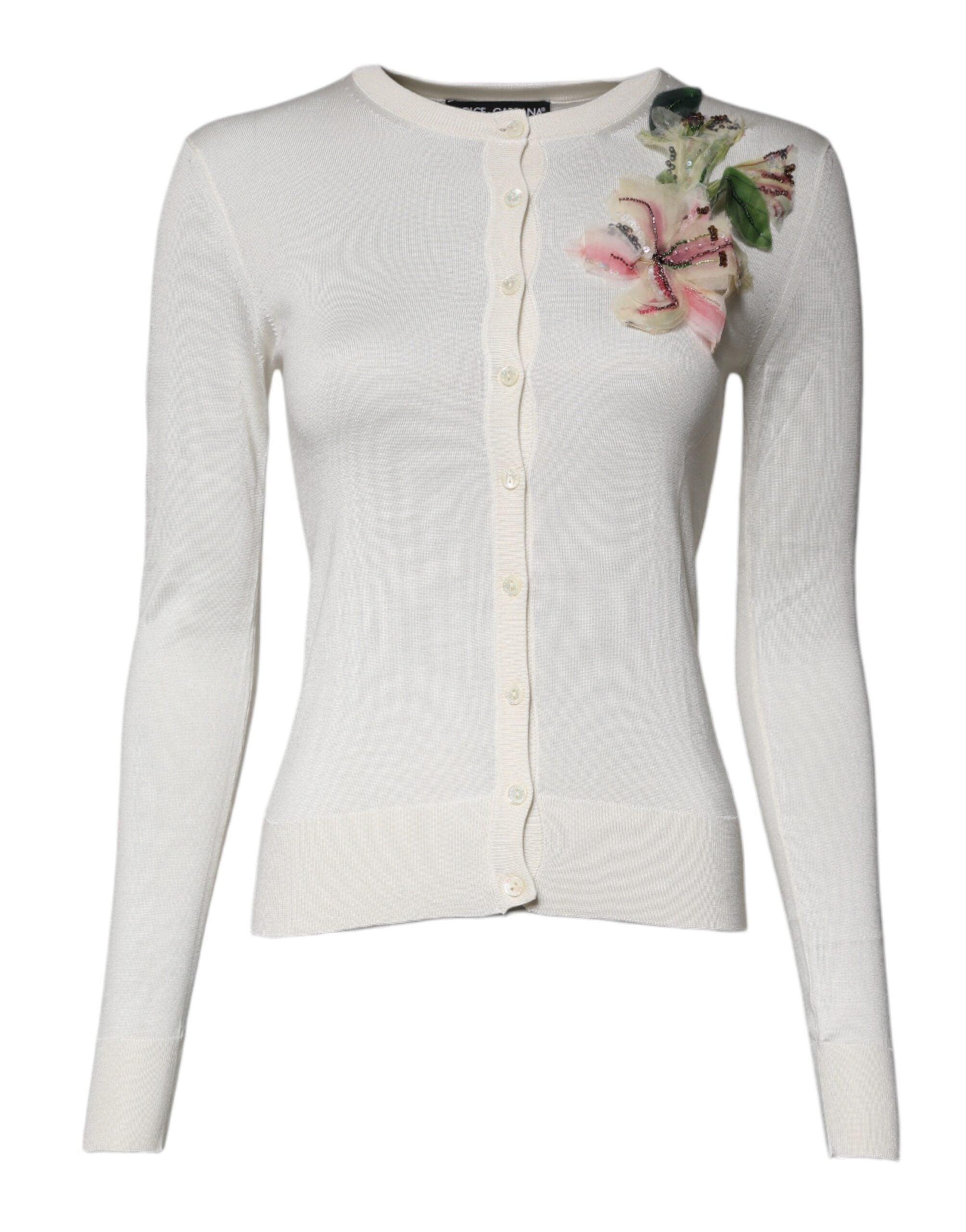 Cream Floral Silk Embellished Cardigan Sweater - ventzia