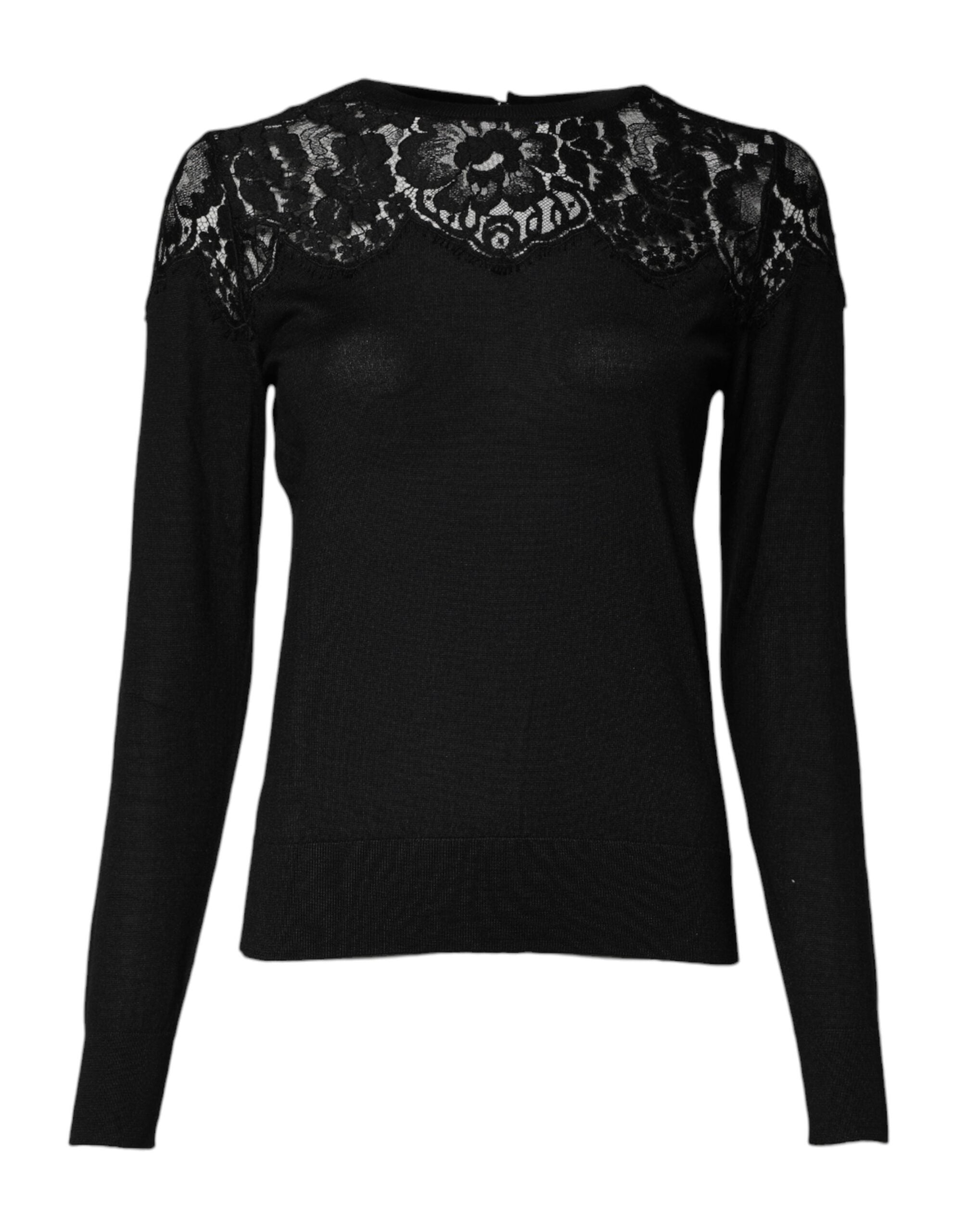 Black Floral Lace Long Sleeves Blouse Top - ventzia