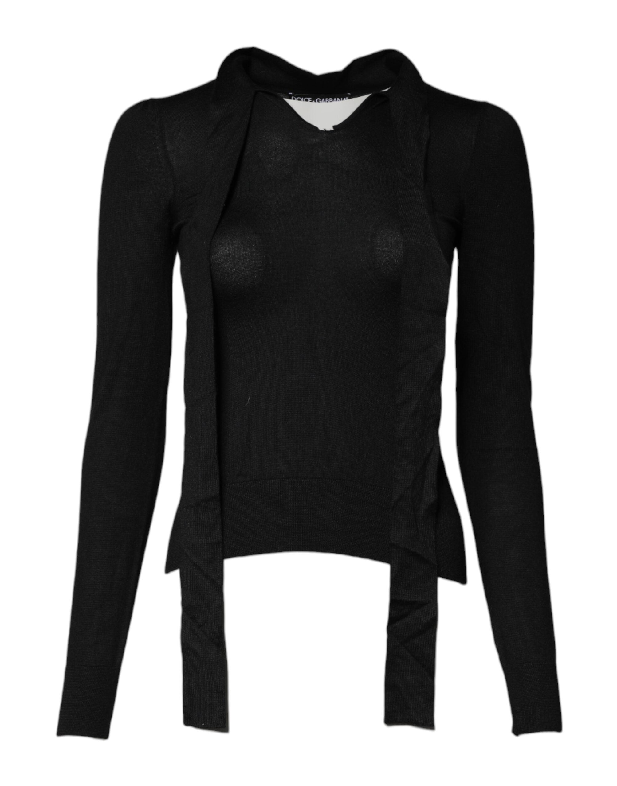 Black Cashmere Ascot Collar Long Sleeve Top - ventzia