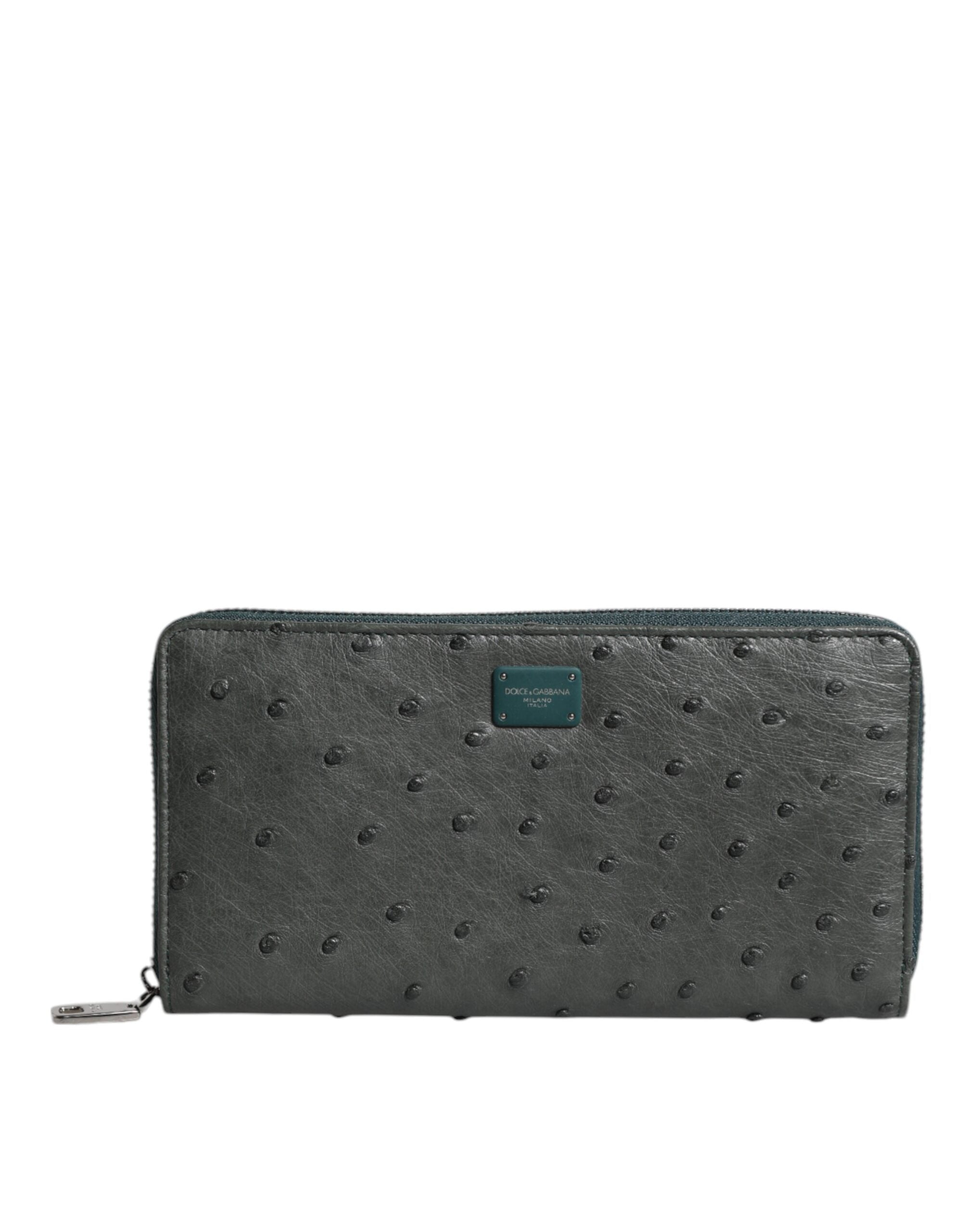 Green Ostrich Logo Plaque Zip Around Continental Wallet - ventzia
