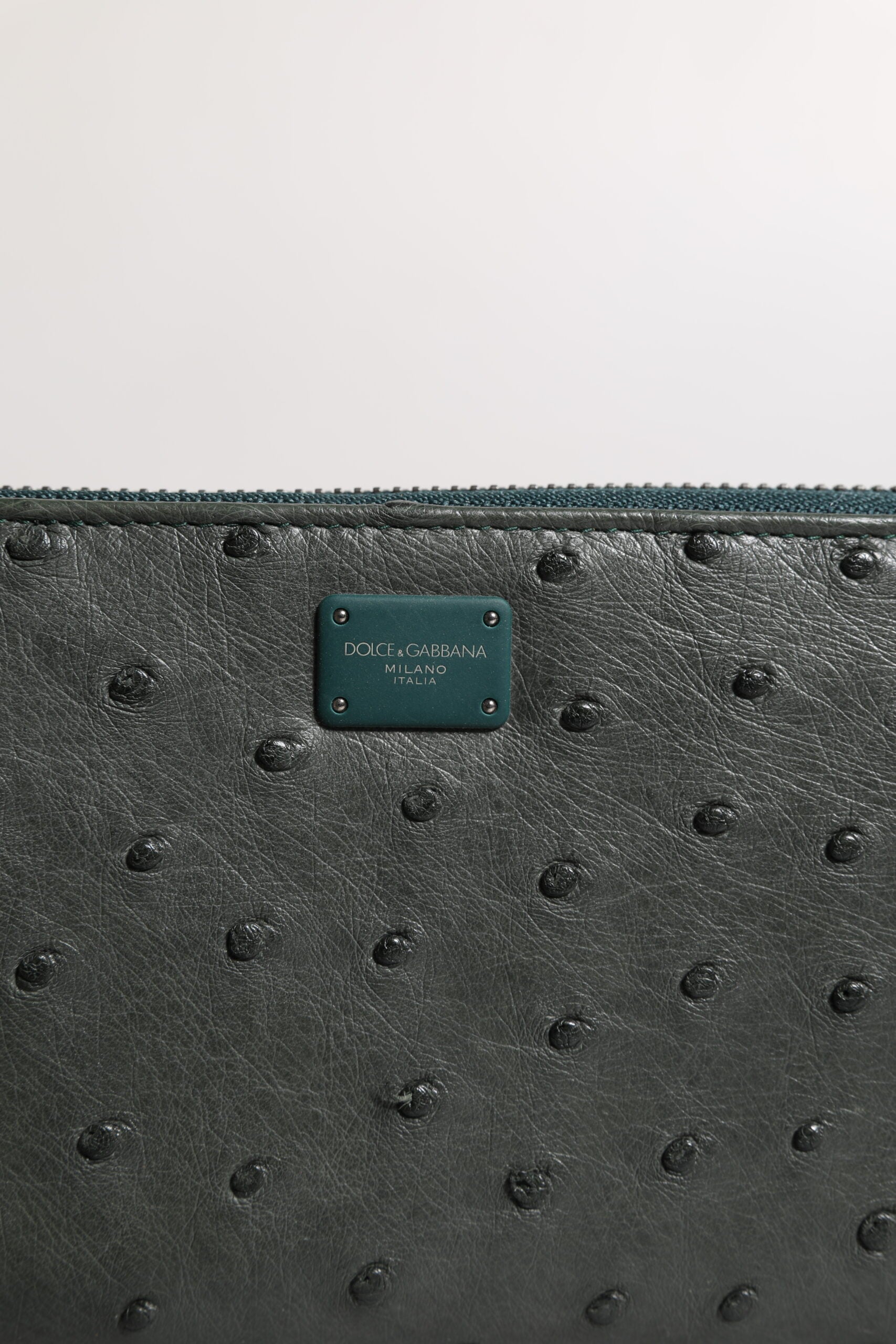 Green Ostrich Logo Plaque Zip Around Continental Wallet - ventzia