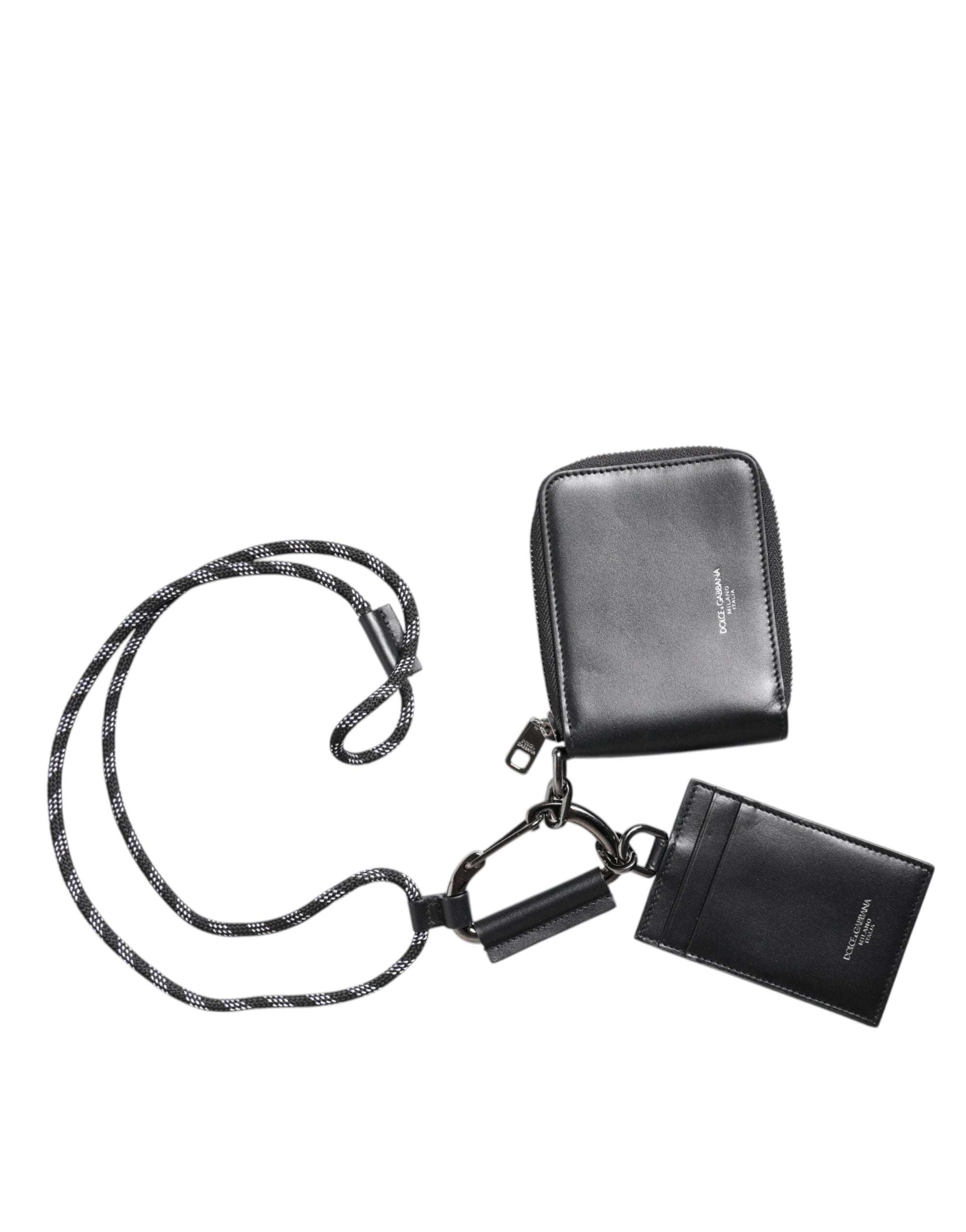 Black Leather Lanyard Zip Around Card Holder Wallet - ventzia
