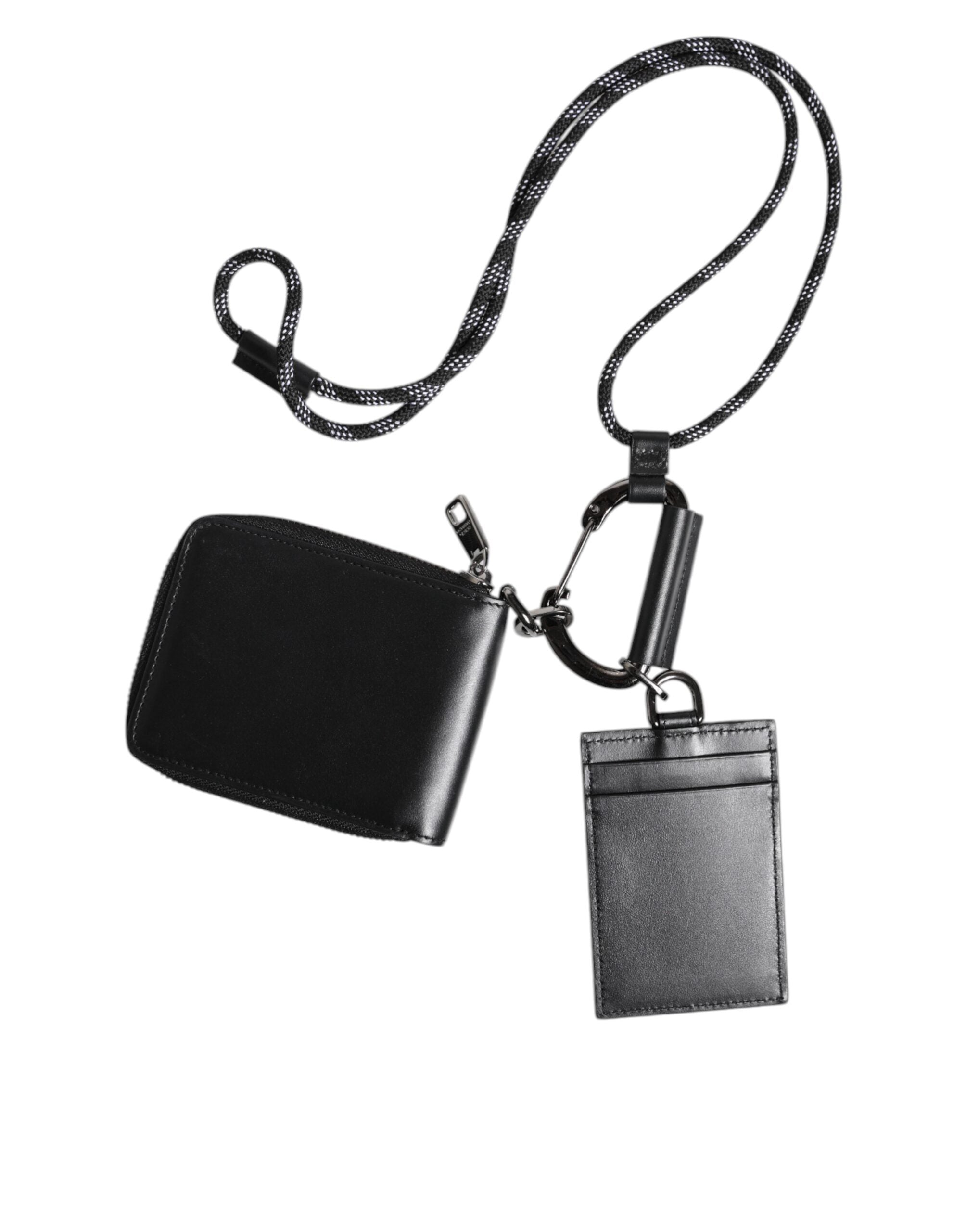 Black Leather Lanyard Zip Around Card Holder Wallet - ventzia