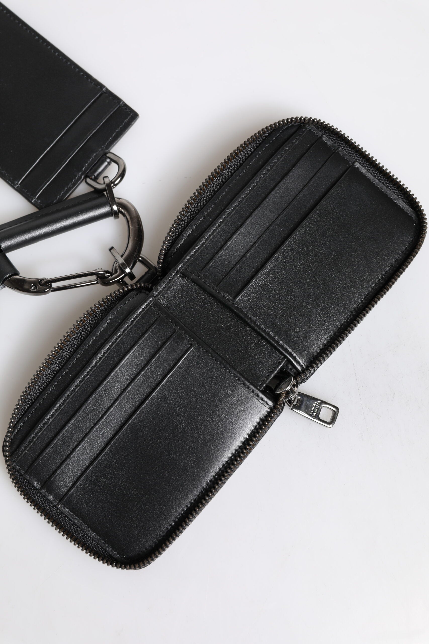 Black Leather Lanyard Zip Around Card Holder Wallet - ventzia