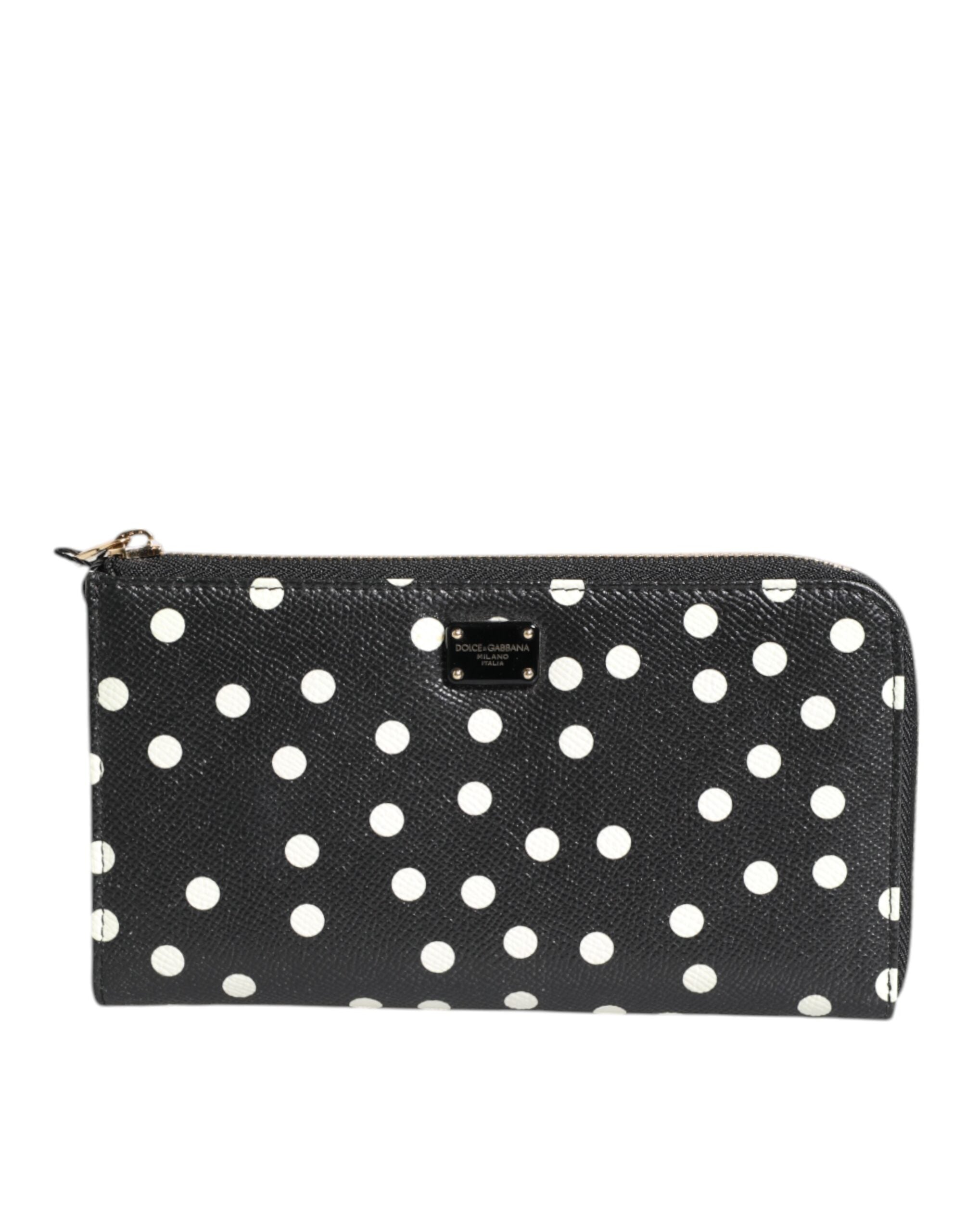 Black White Dotted Leather Zip Around Continental Wallet - ventzia