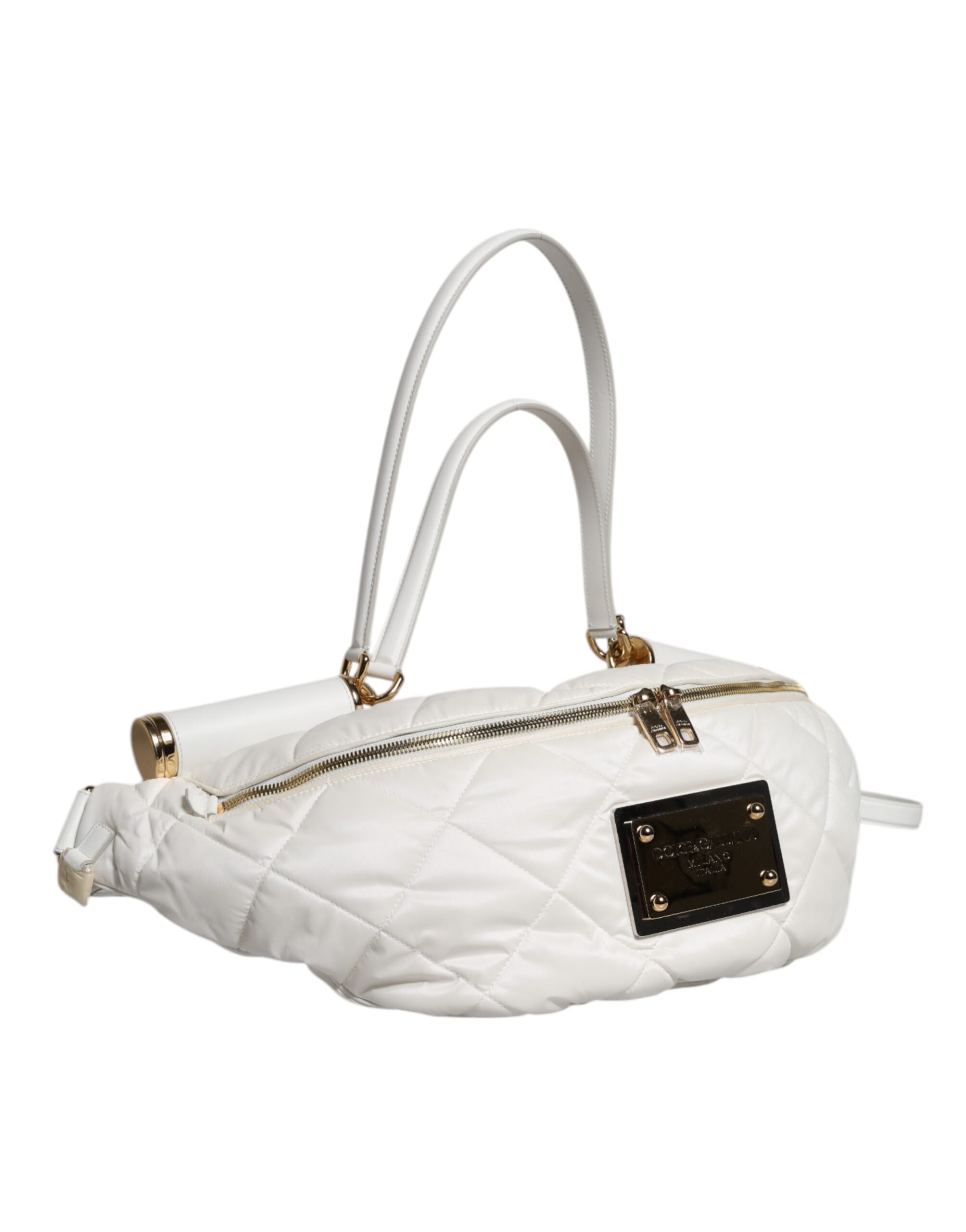 White Quilted Logo Plaque Belt Waist Fanny Pack Bag - ventzia