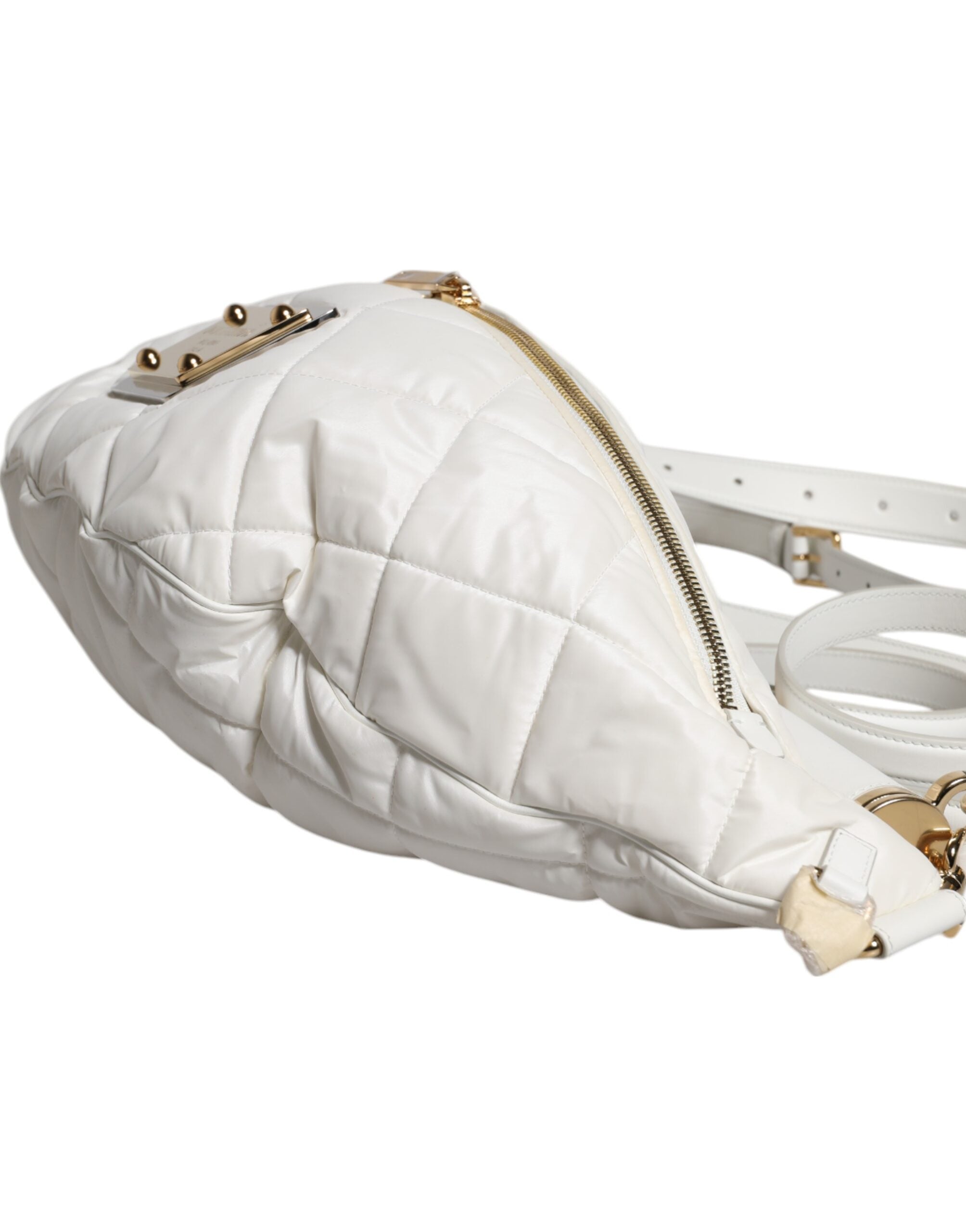White Quilted Logo Plaque Belt Waist Fanny Pack Bag - ventzia