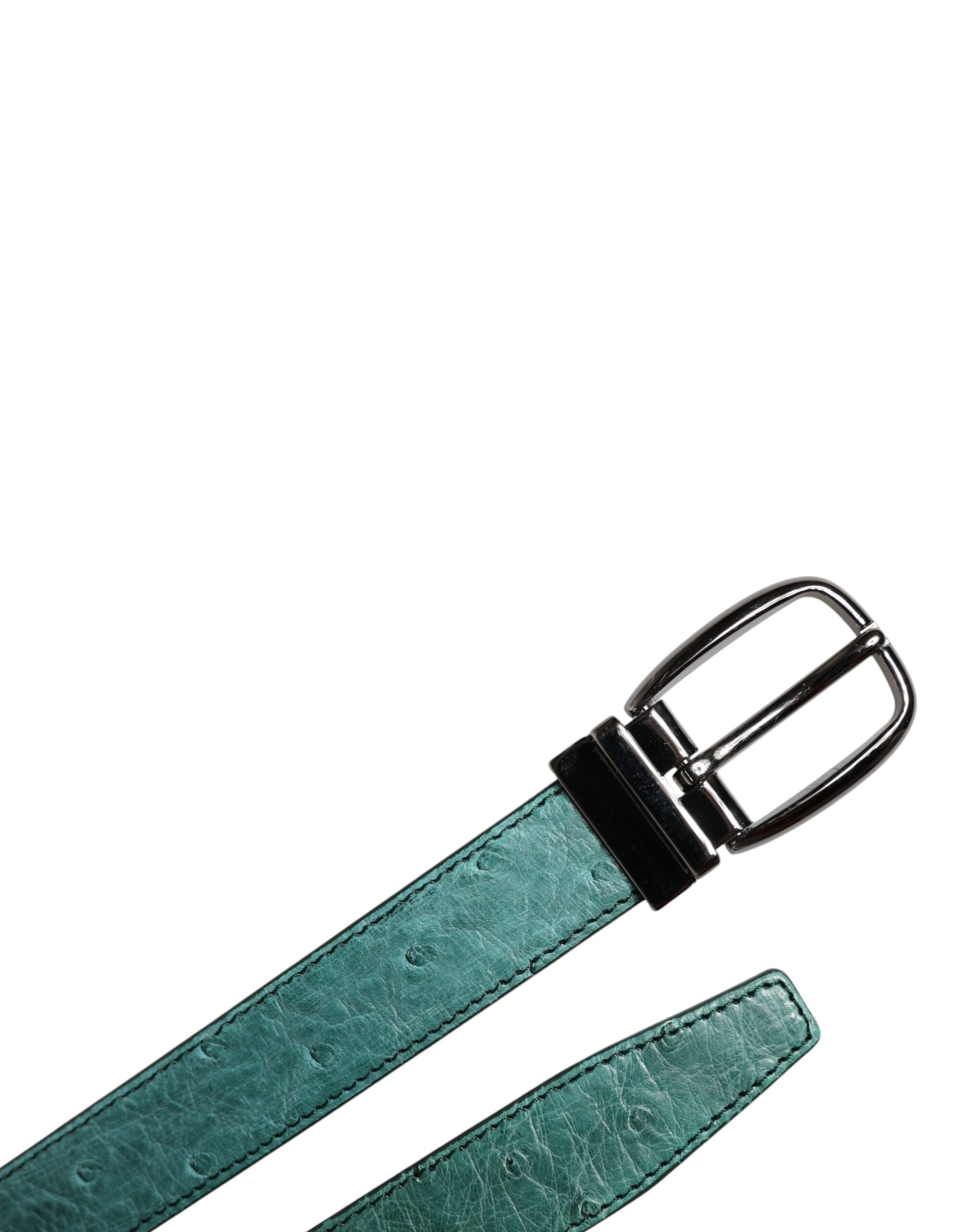 Green Ostrich Leather Silver Metal Buckle Belt - ventzia