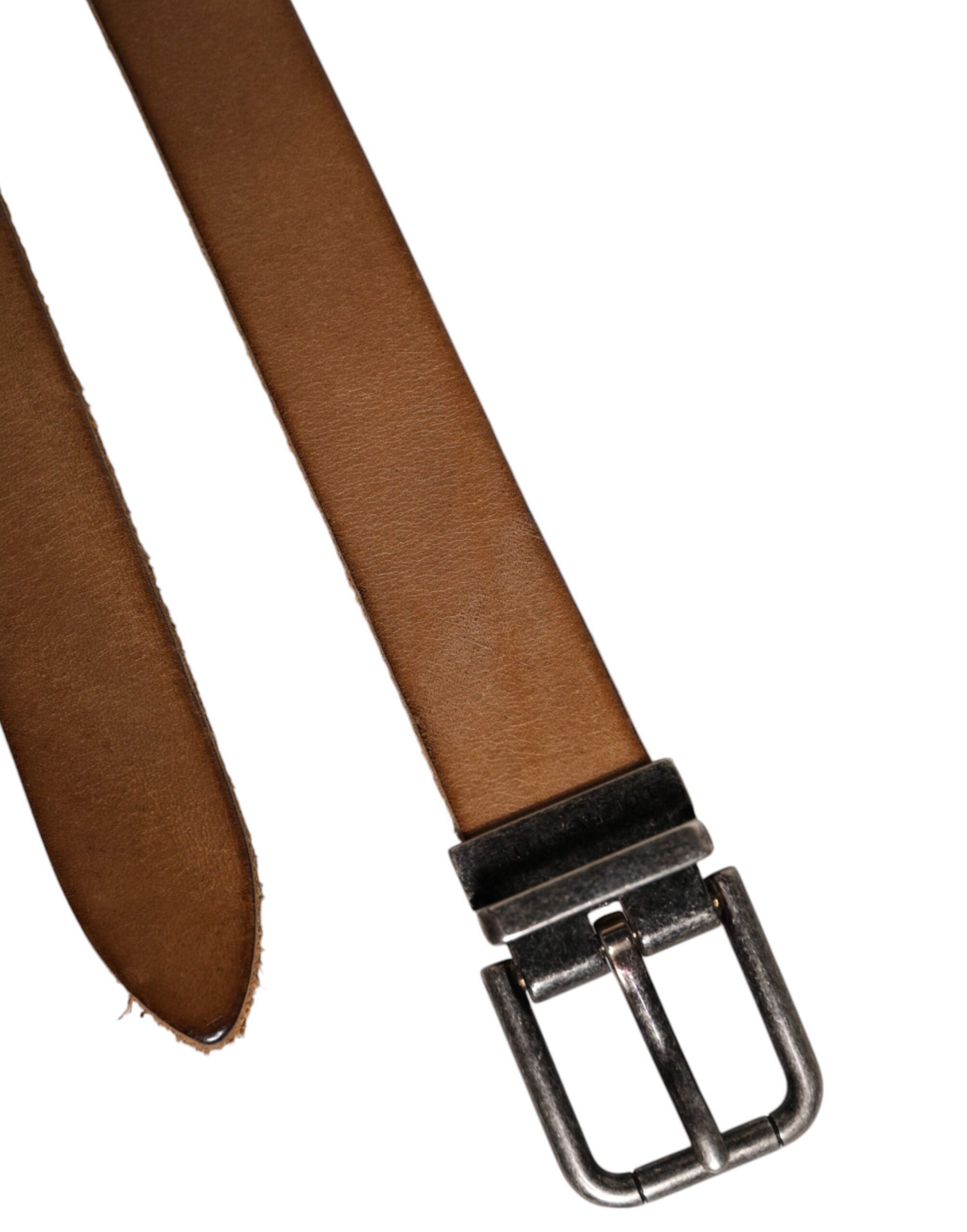 Brown Leather Silver Tone Metal Buckle Belt - ventzia