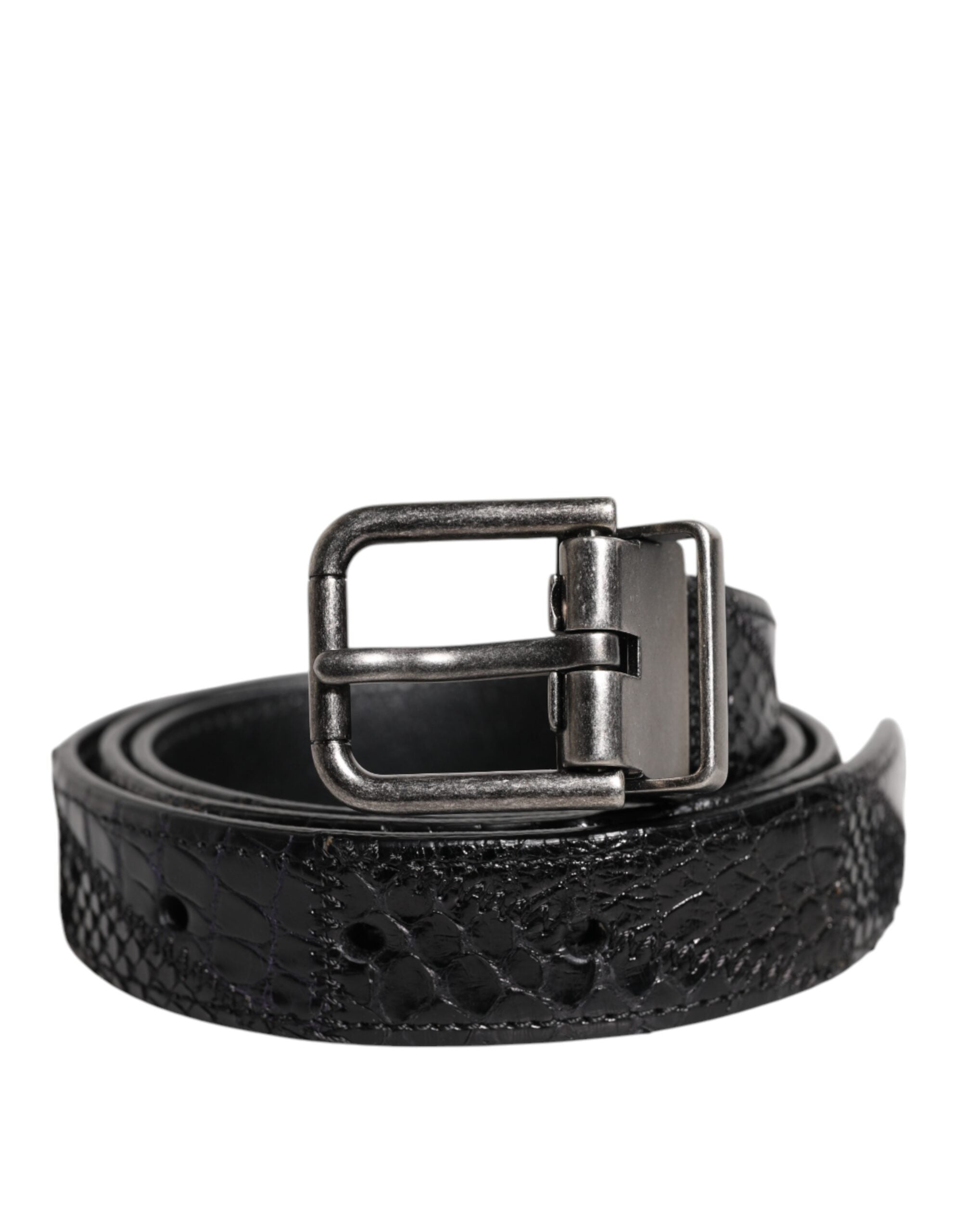 Black Exotic Leather Metal Logo Buckle Belt - ventzia
