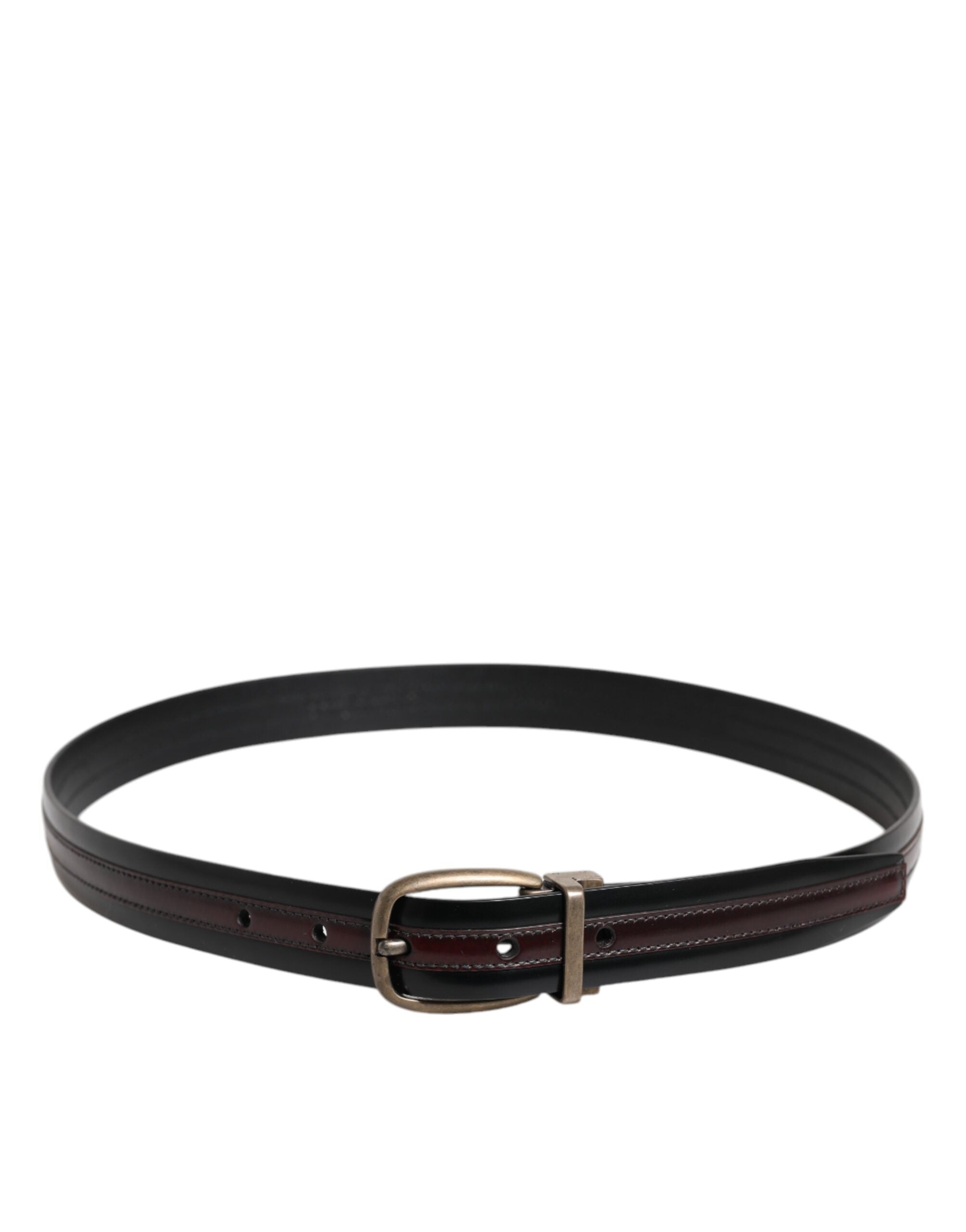 Black Burgundy Calfskin Metal Logo Buckle Belt - ventzia