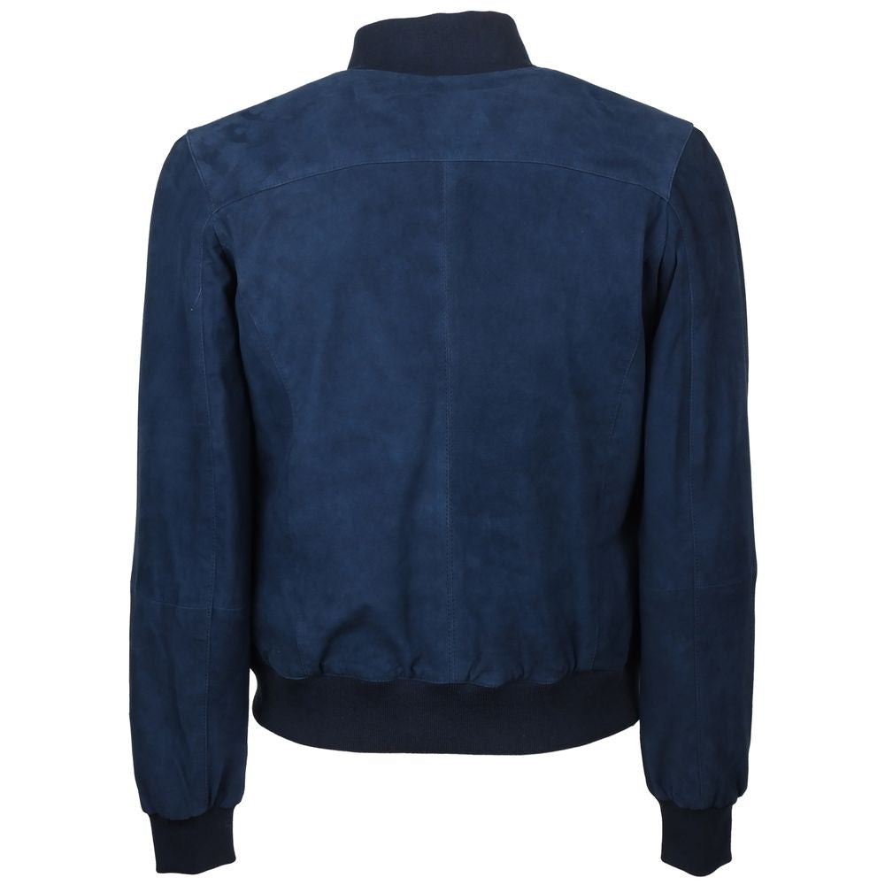 Blue Calfskin Men Bomber Jacket - ventzia