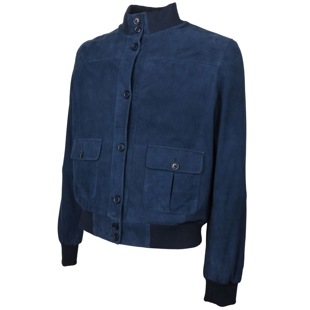 Blue Calfskin Men Bomber Jacket - ventzia