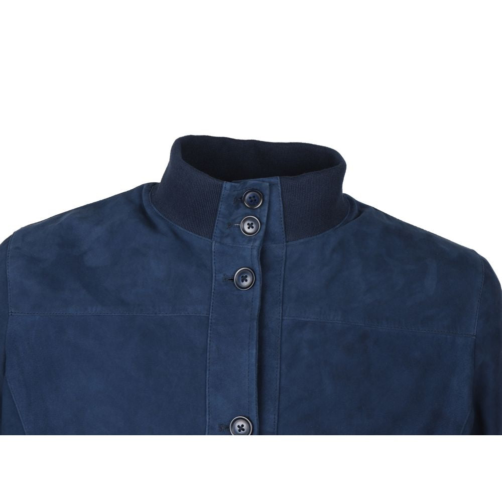 Blue Calfskin Men Bomber Jacket - ventzia