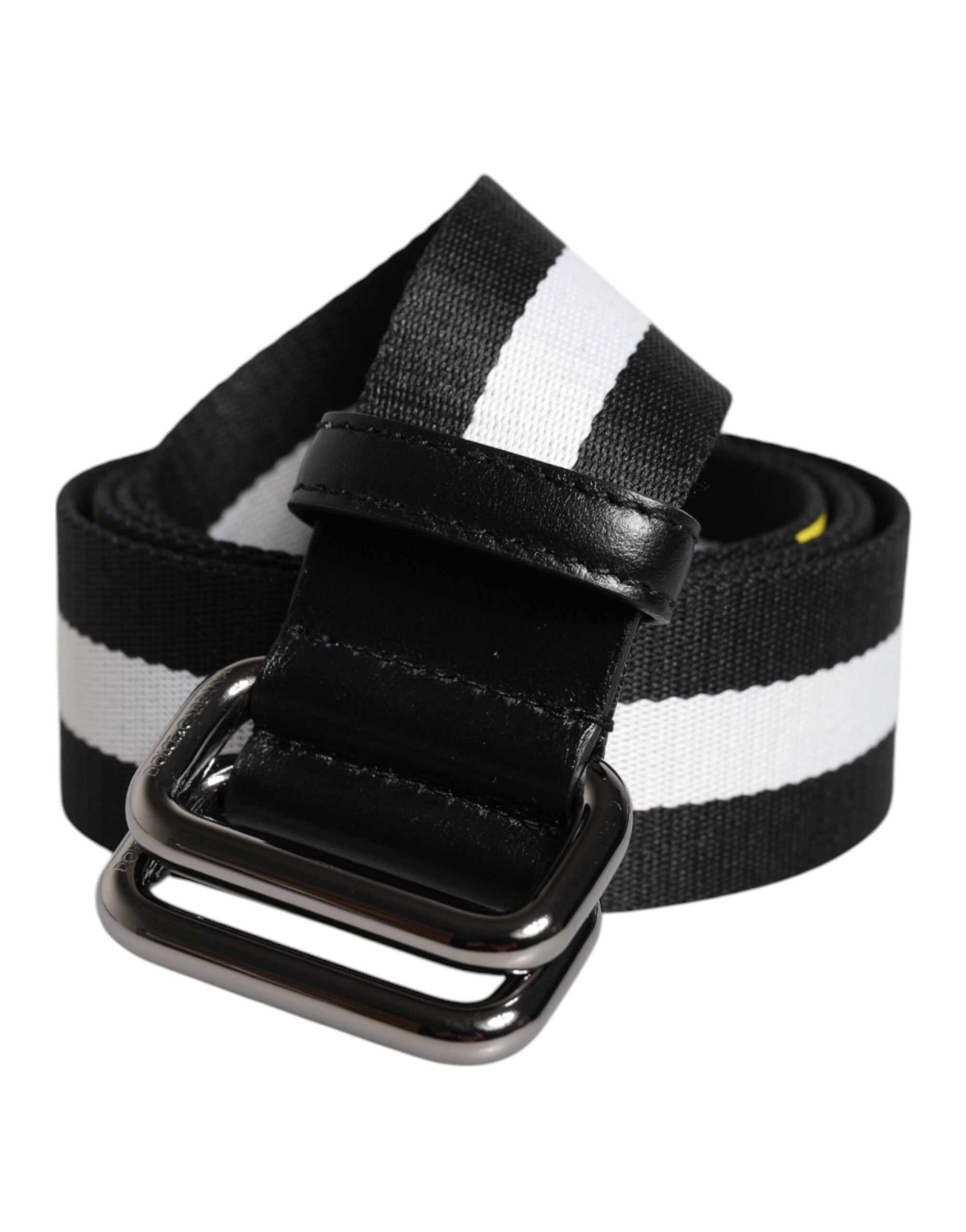 Black Yellow Logo Striped Metal Buckle Belt - ventzia