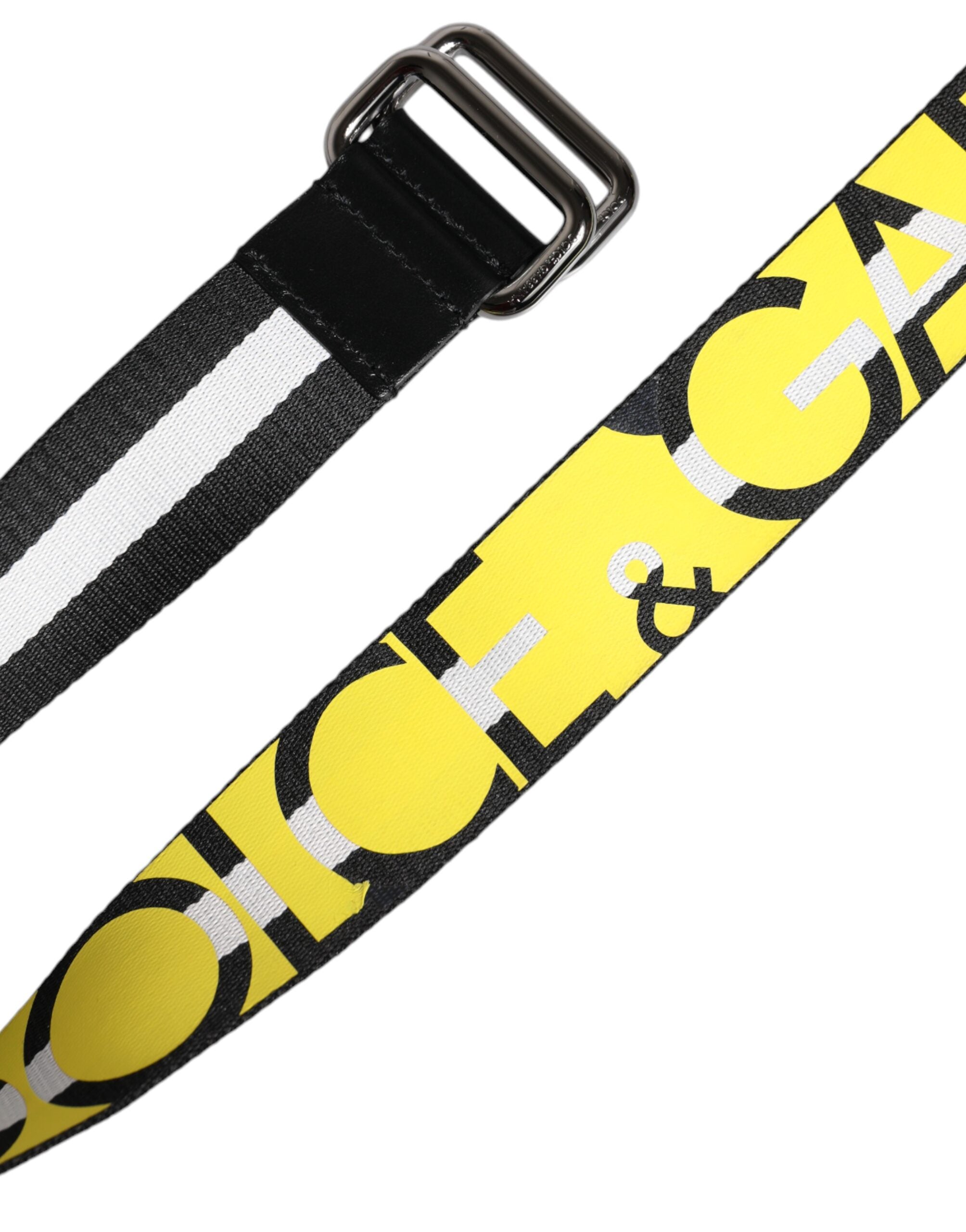 Black Yellow Logo Striped Metal Buckle Belt - ventzia