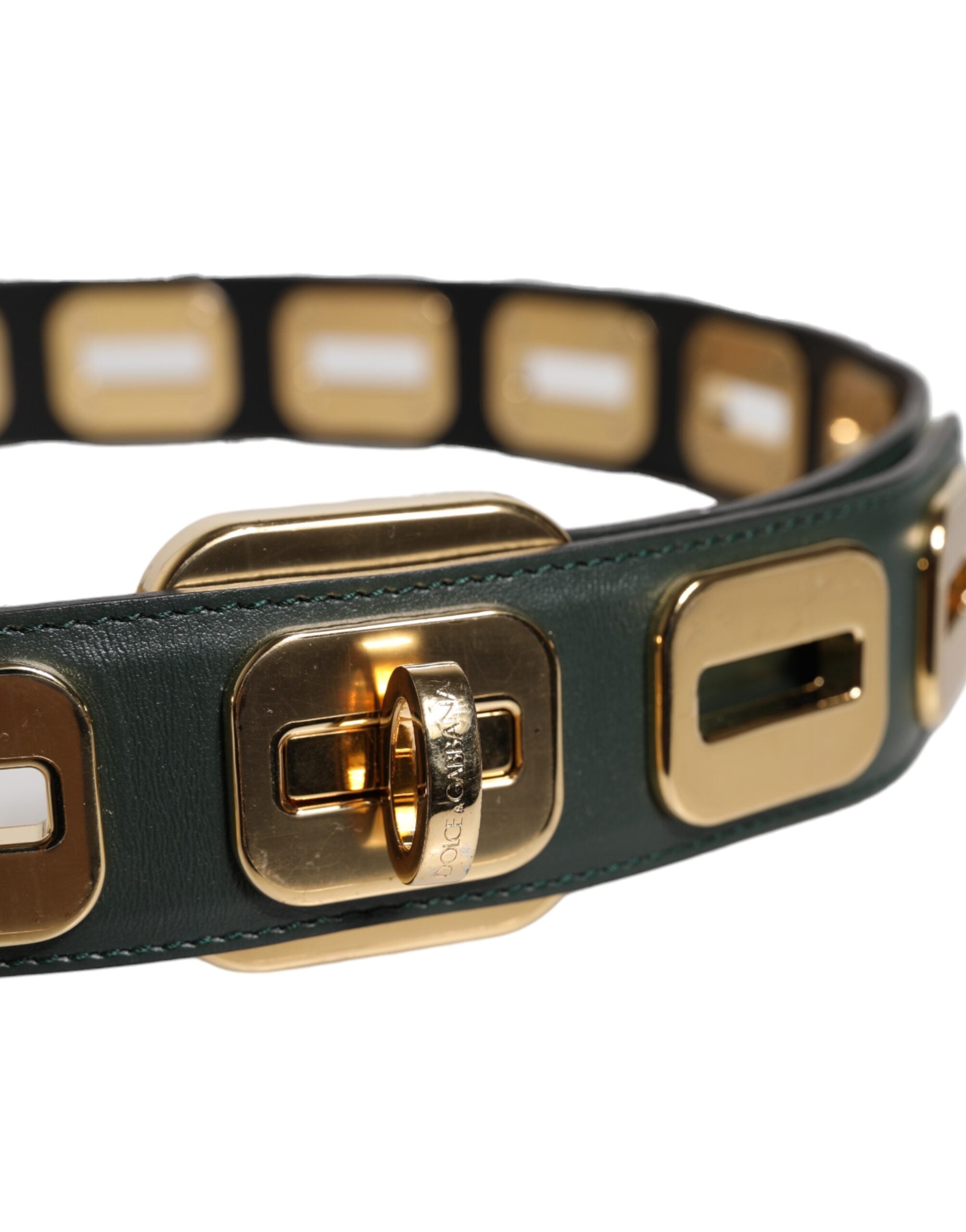 Green Leather Gold Tone Rotating Buckle Belt - ventzia