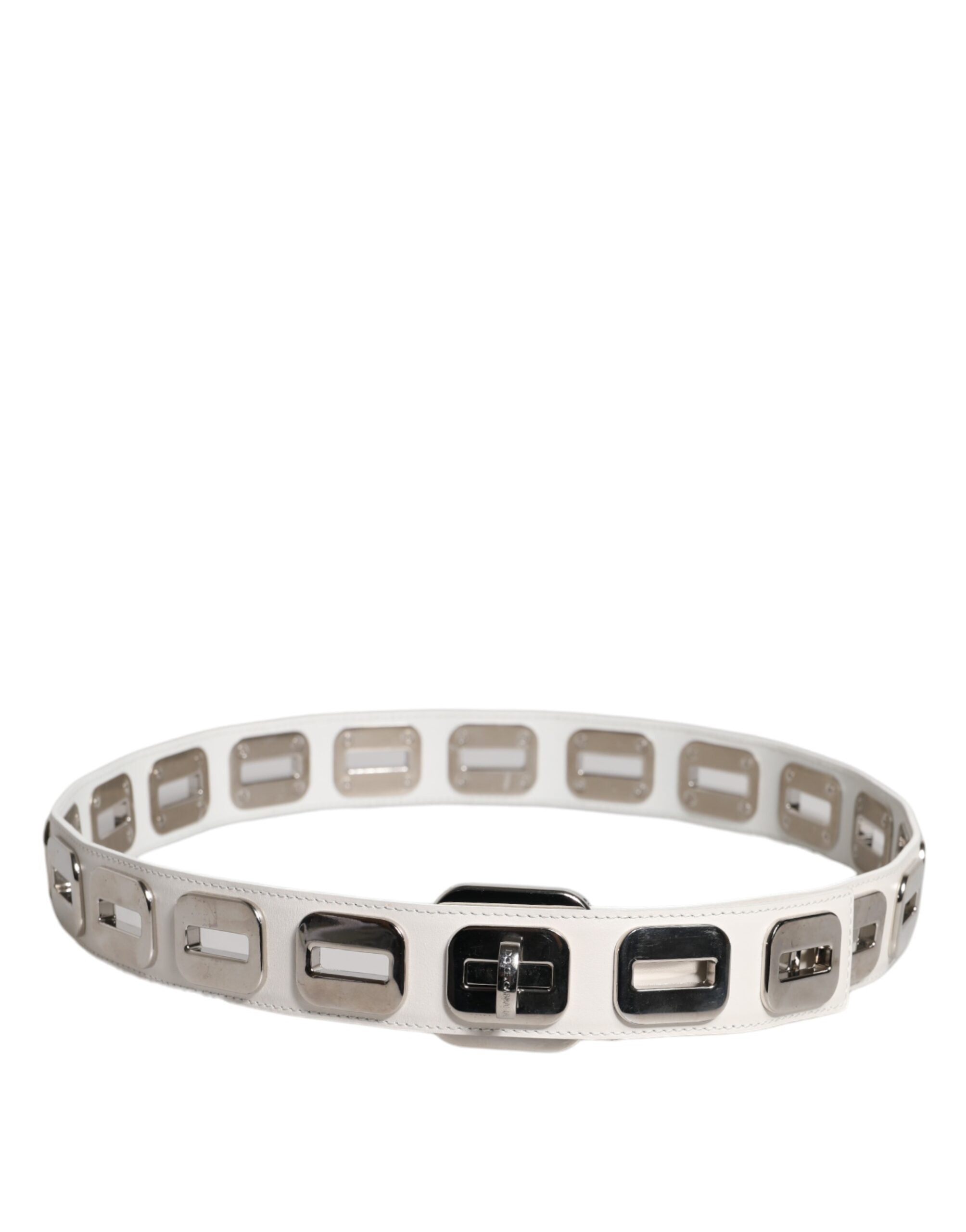 White Leather Gold Tone Rotating Buckle Belt - ventzia