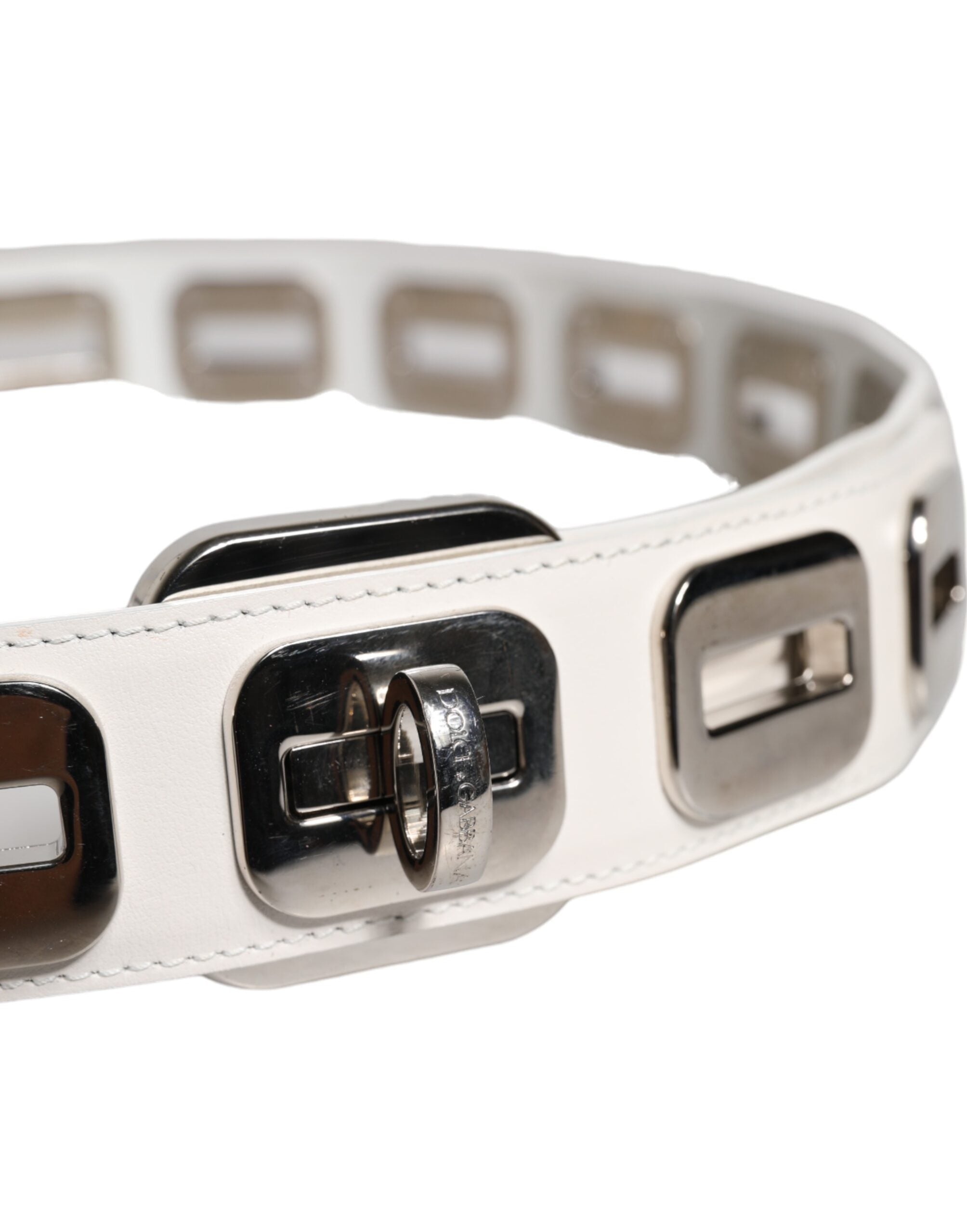 White Leather Gold Tone Rotating Buckle Belt - ventzia