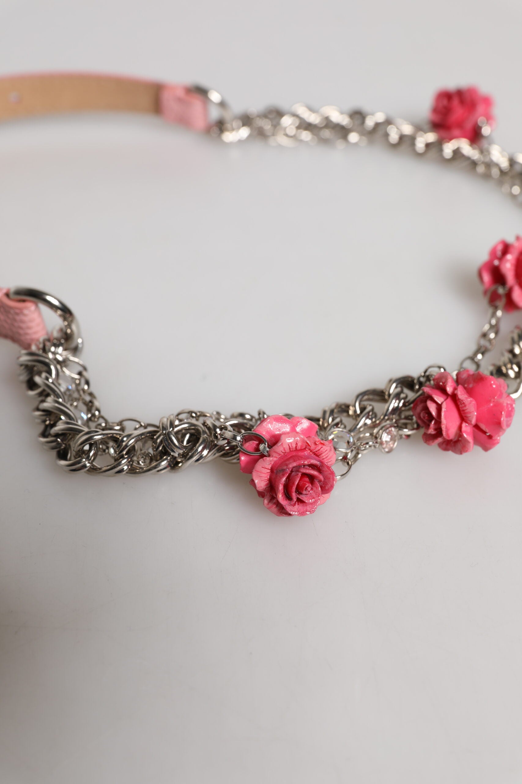 Pink Embelished Roses Textured Leather Belt - ventzia