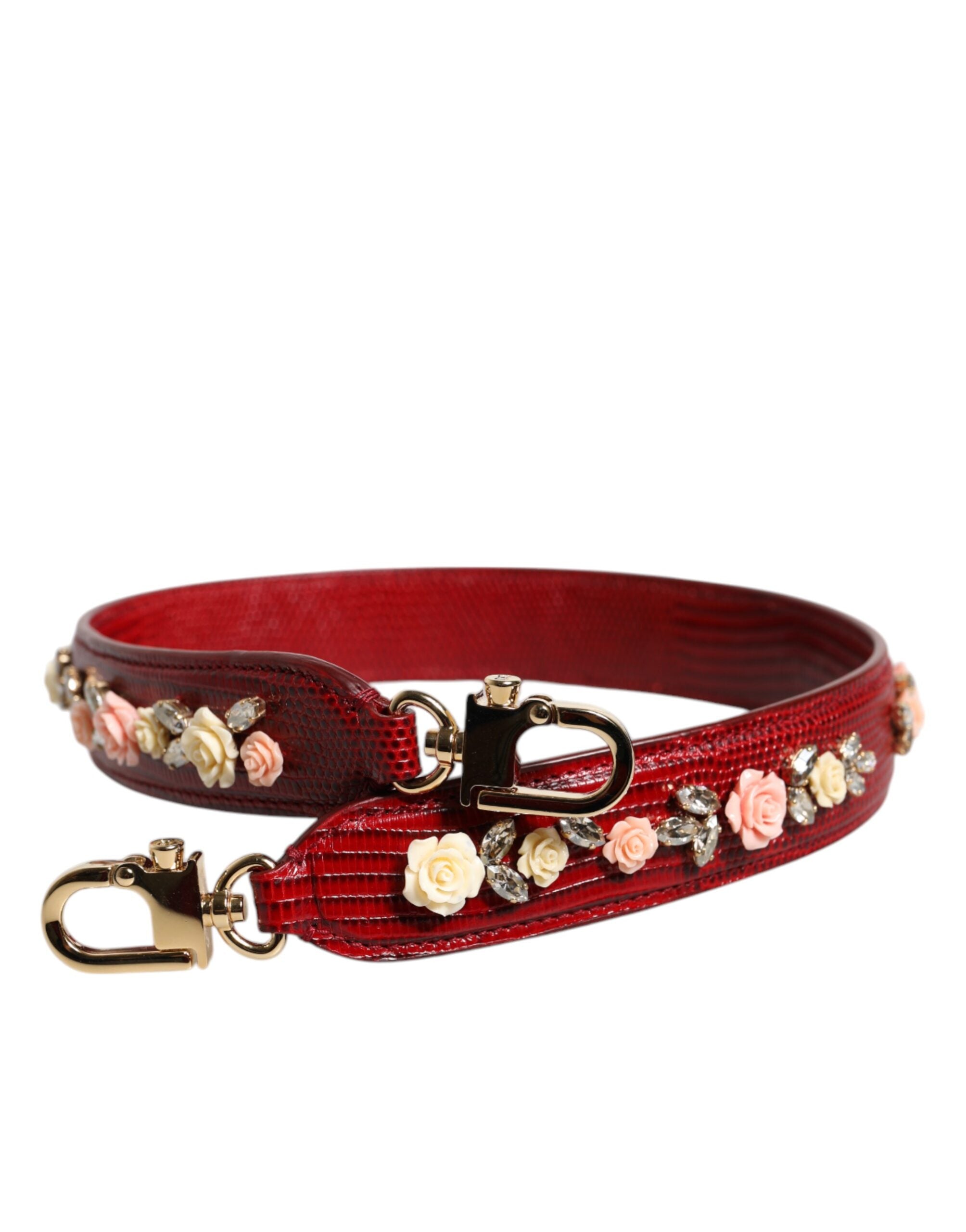 Red Leather Floral Embellish Bag Shoulder Strap - ventzia