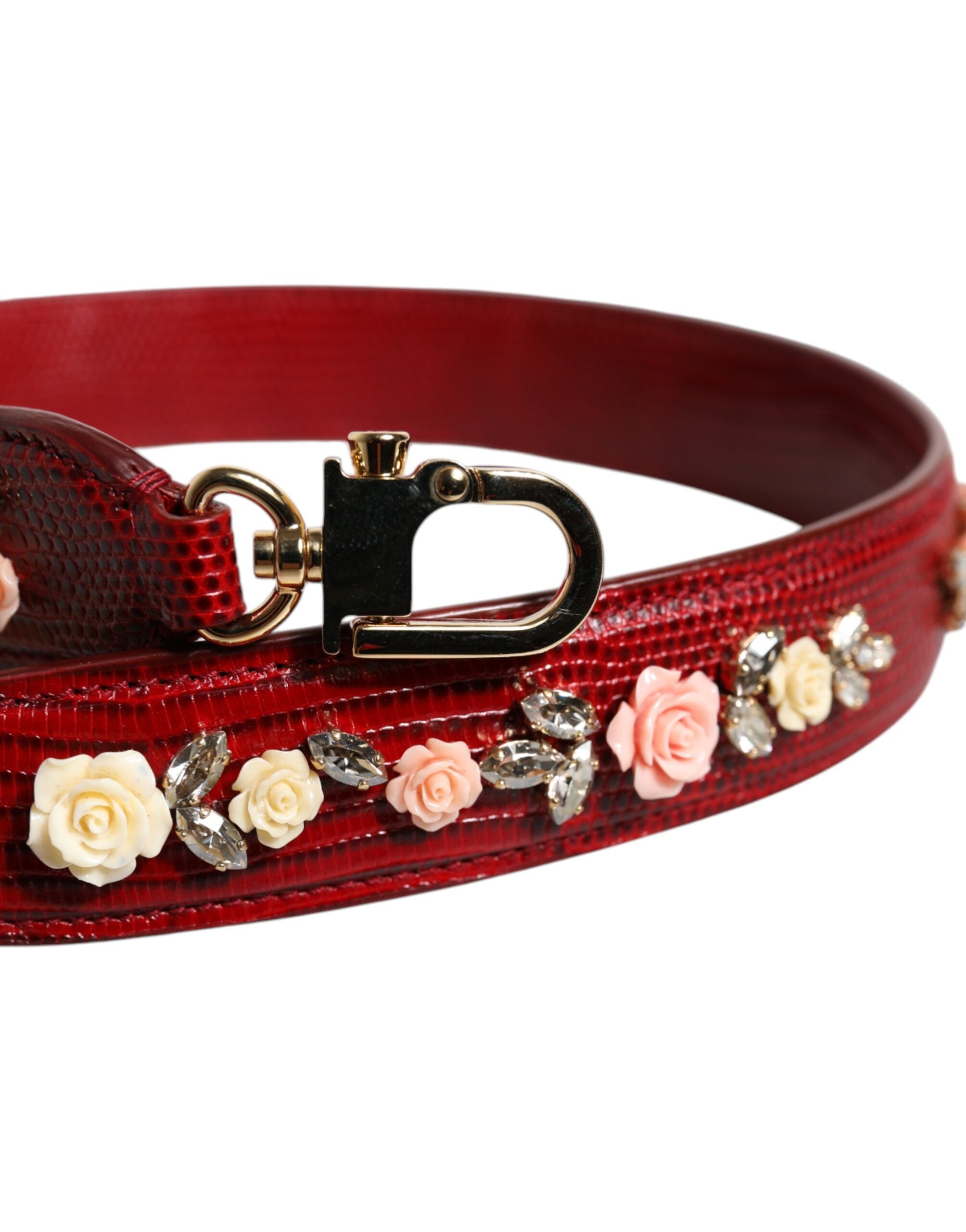 Red Leather Floral Embellish Bag Shoulder Strap - ventzia