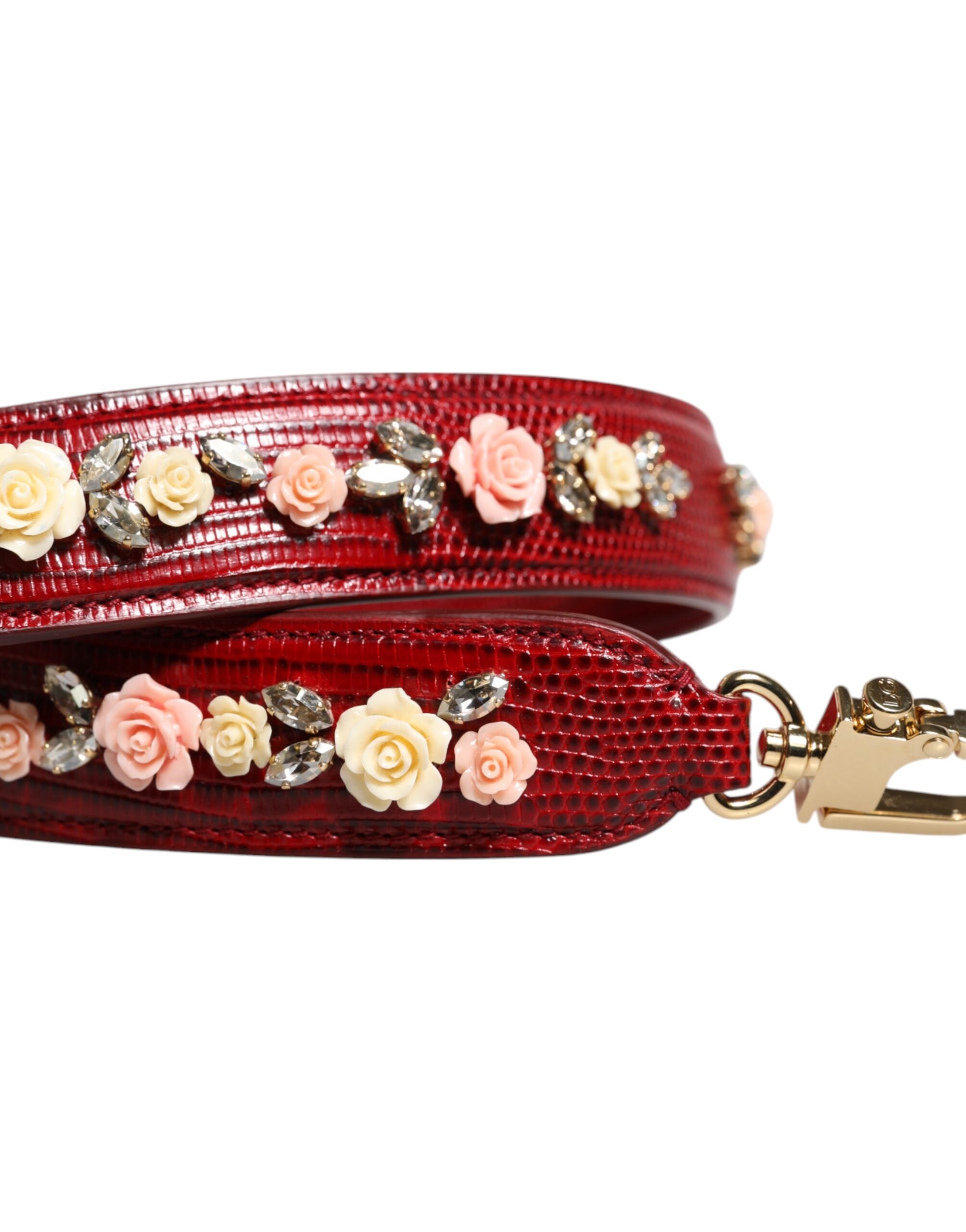 Red Leather Floral Embellish Bag Shoulder Strap - ventzia