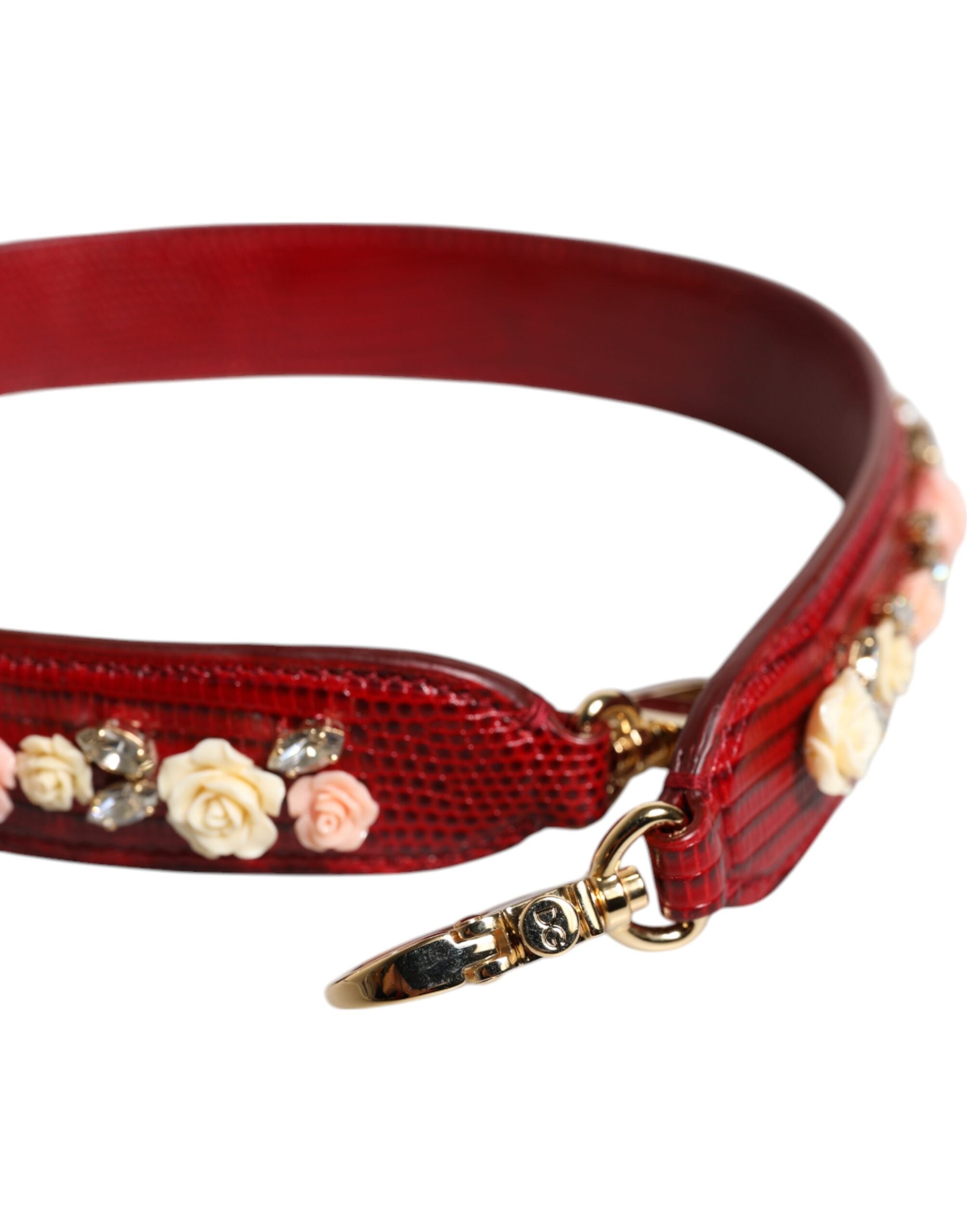 Red Leather Floral Embellish Bag Shoulder Strap - ventzia