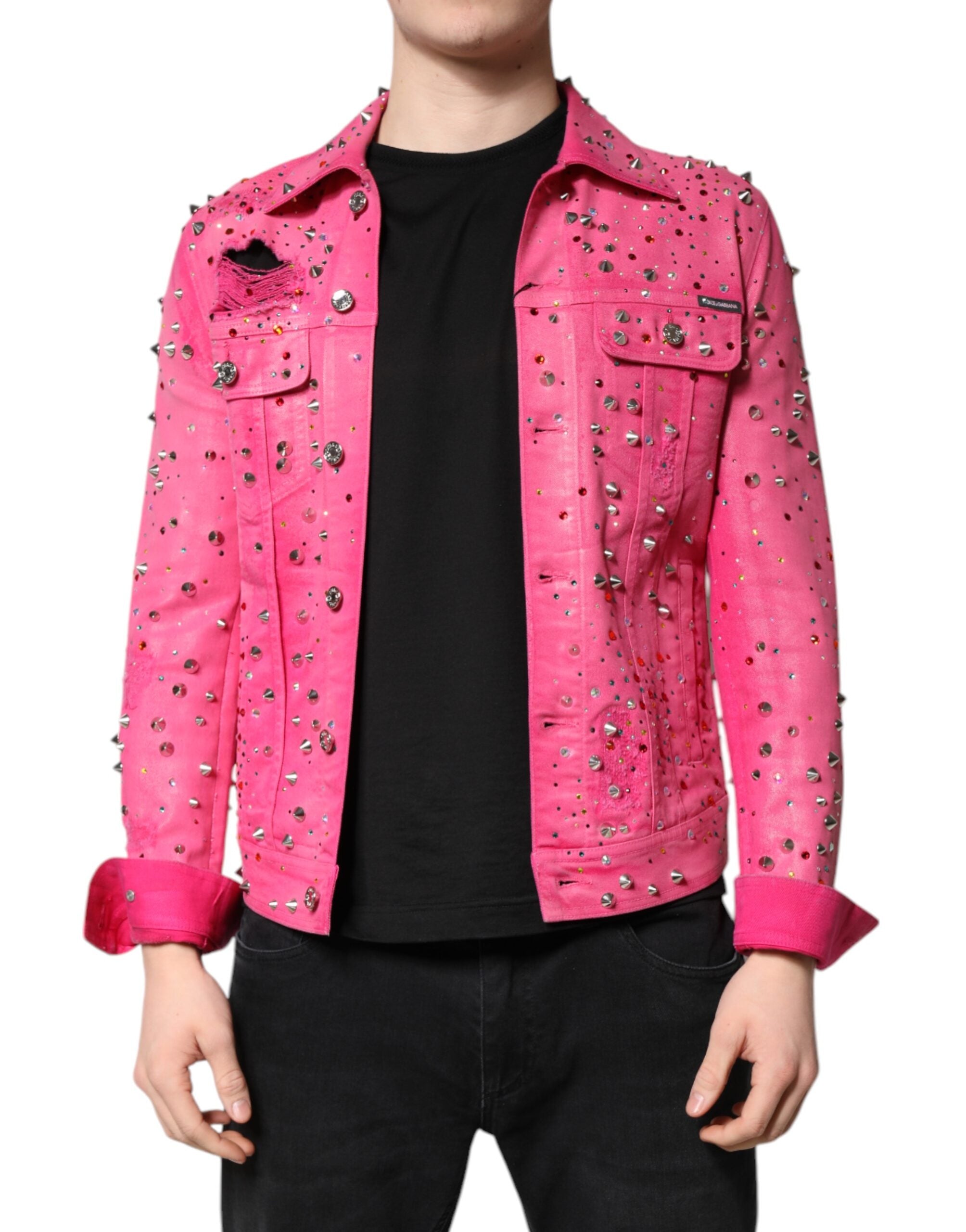 Pink Crystal Embellished Cotton Denim Jacket - ventzia