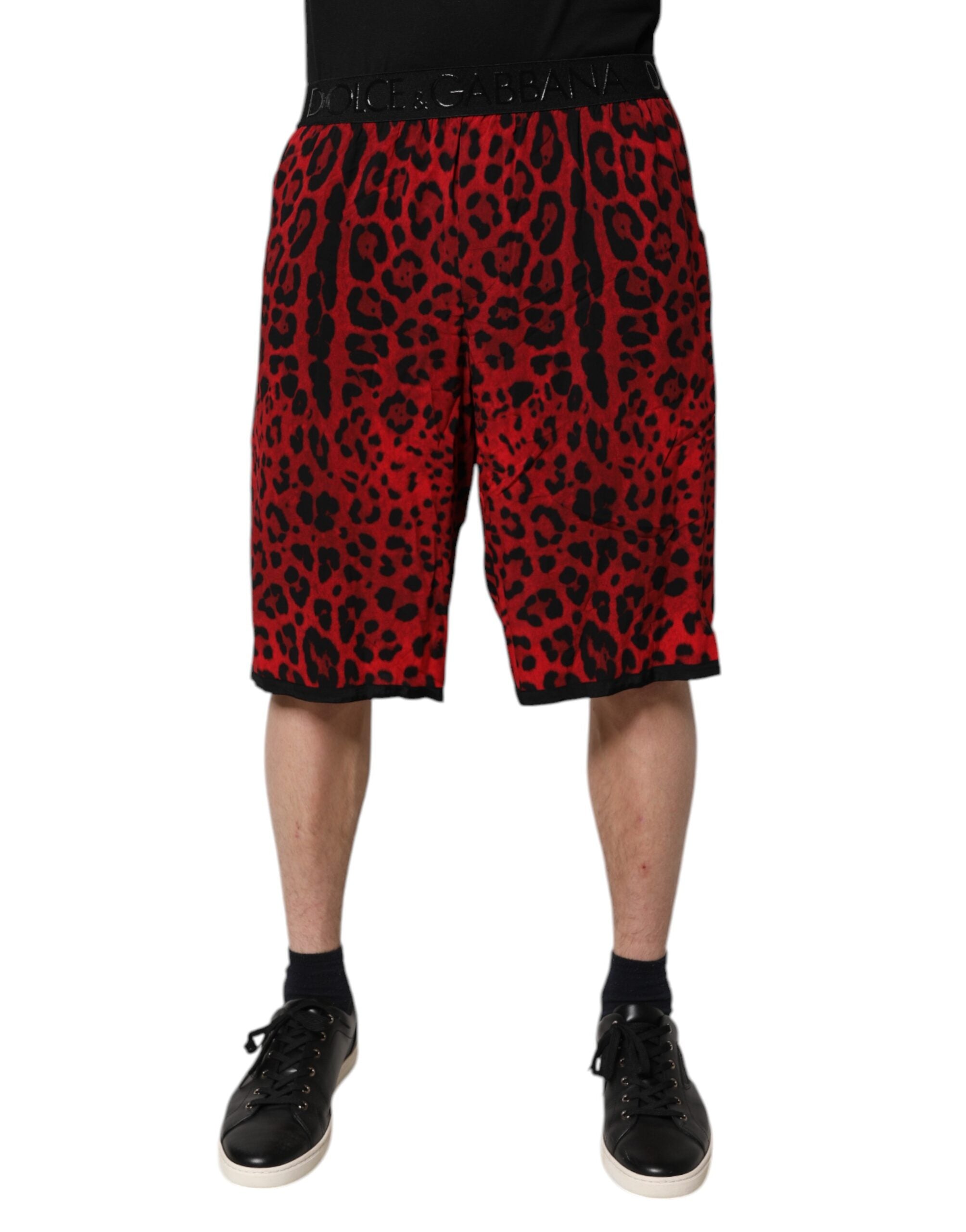 Red Leopard Print Viscose Bermuda Shorts - ventzia