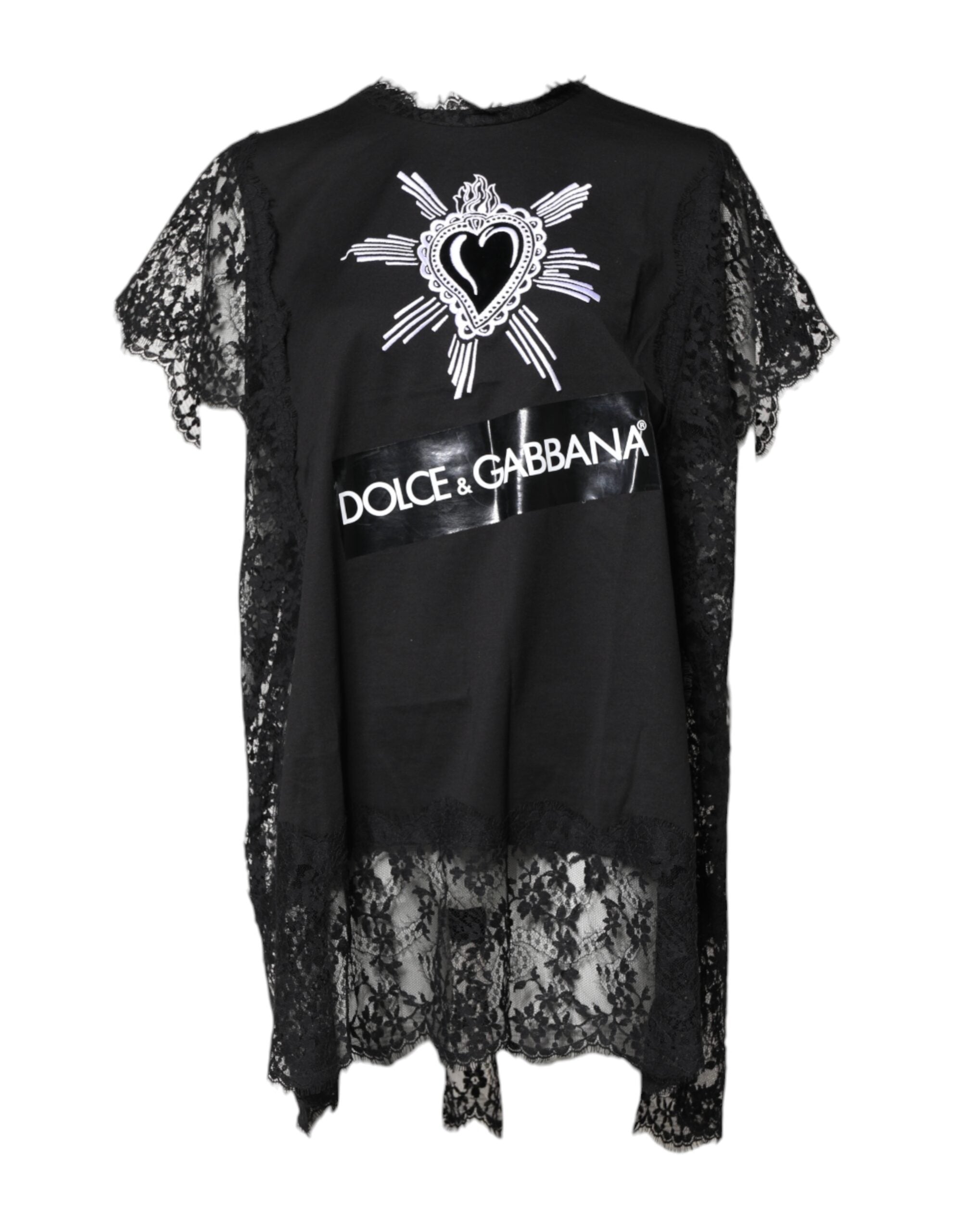Black Lace Sheer Sacred Heart Crew Neck Top - ventzia