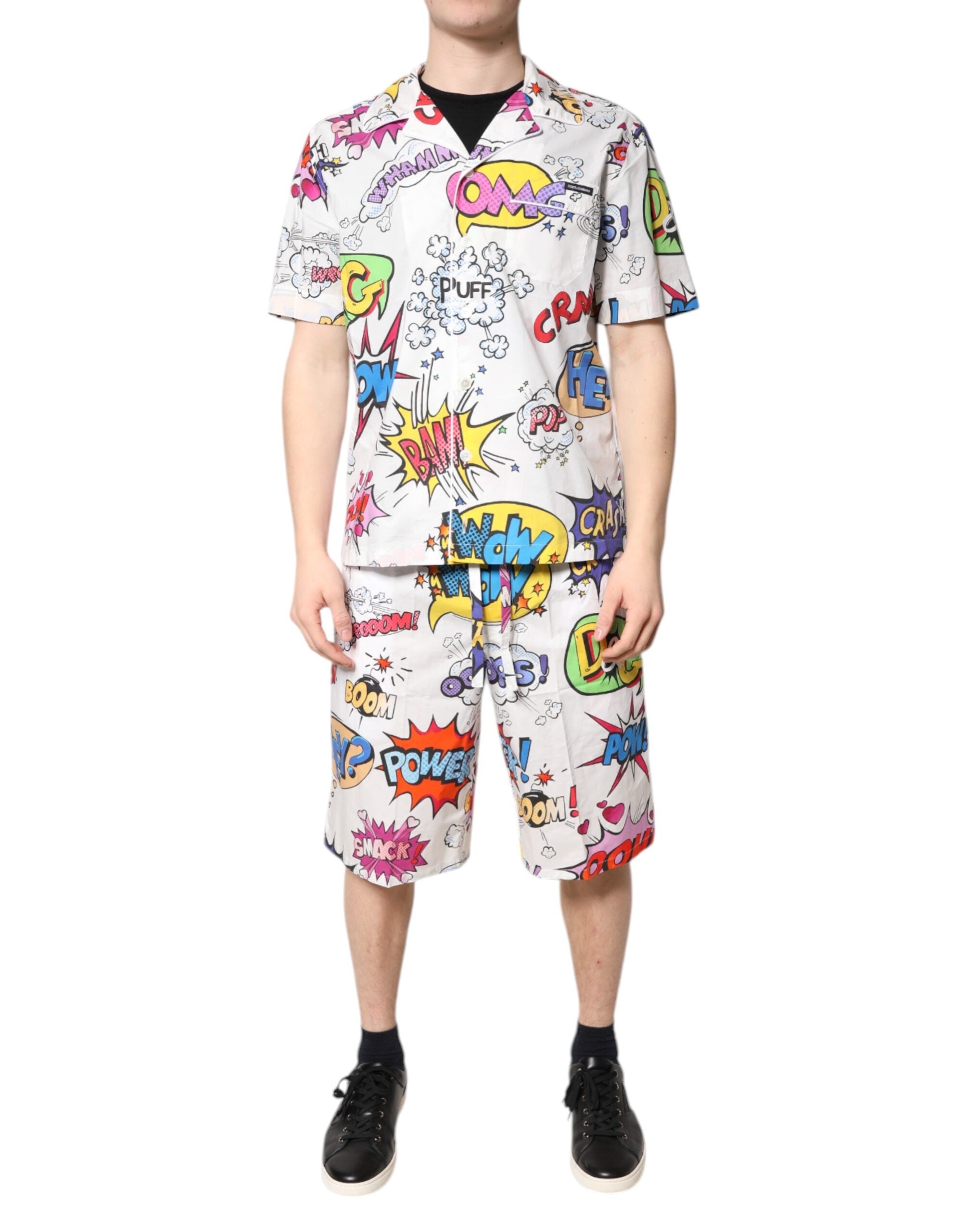 White Cartoon Print Cotton Men Pajama Set Sleepwear - ventzia
