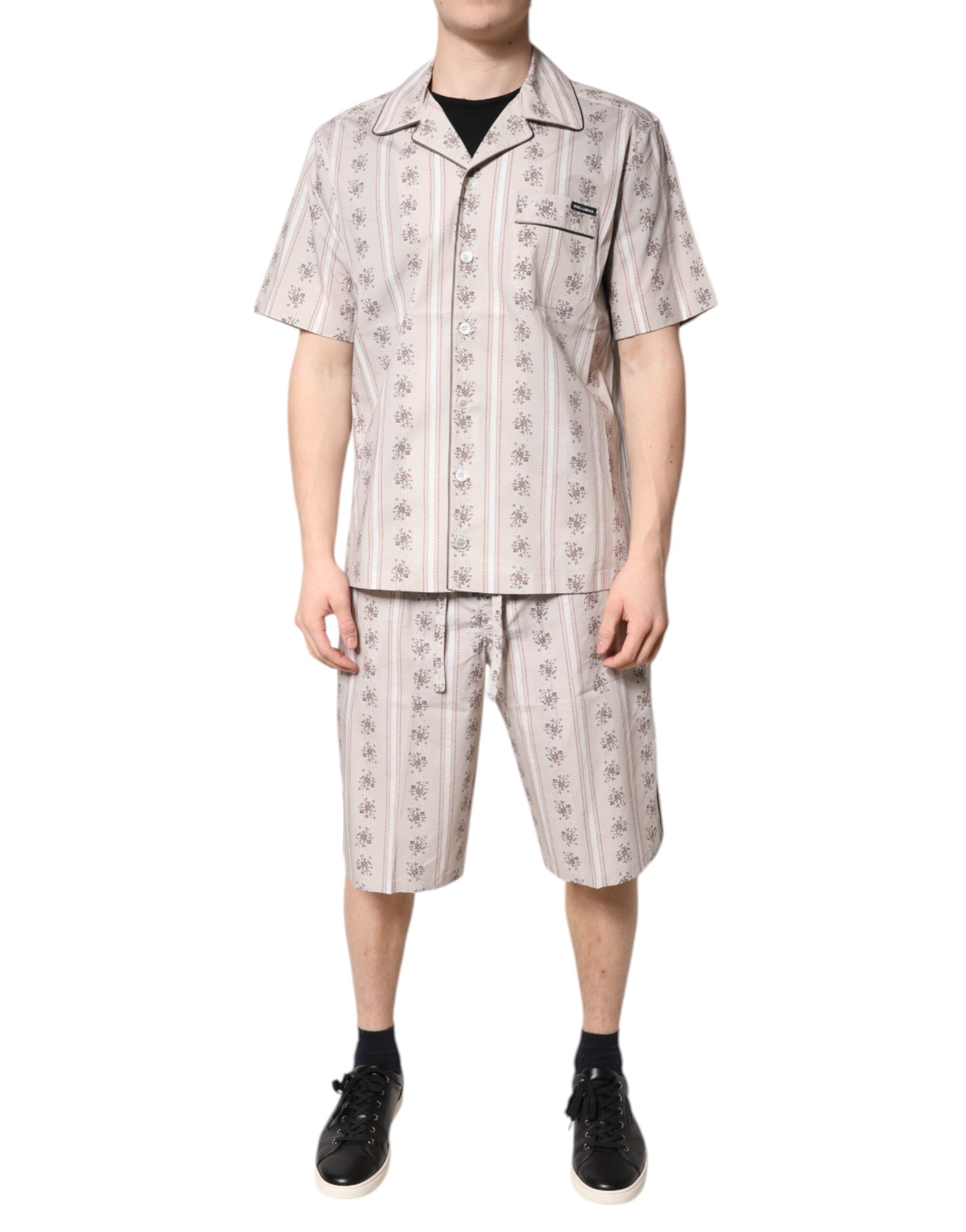 Beige Floral Print Cotton Men Pajama Set Sleepwear - ventzia