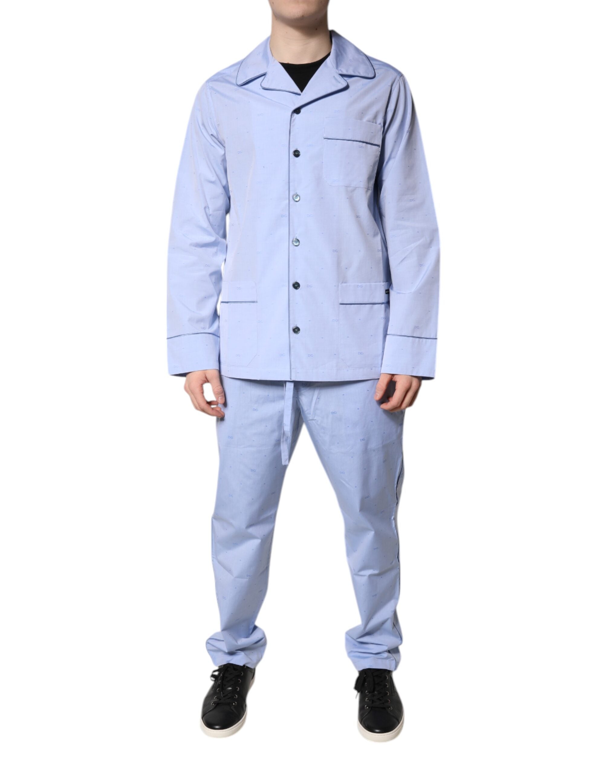 Light Blue DG Logo Cotton Men Pajama Set Sleepwear - ventzia