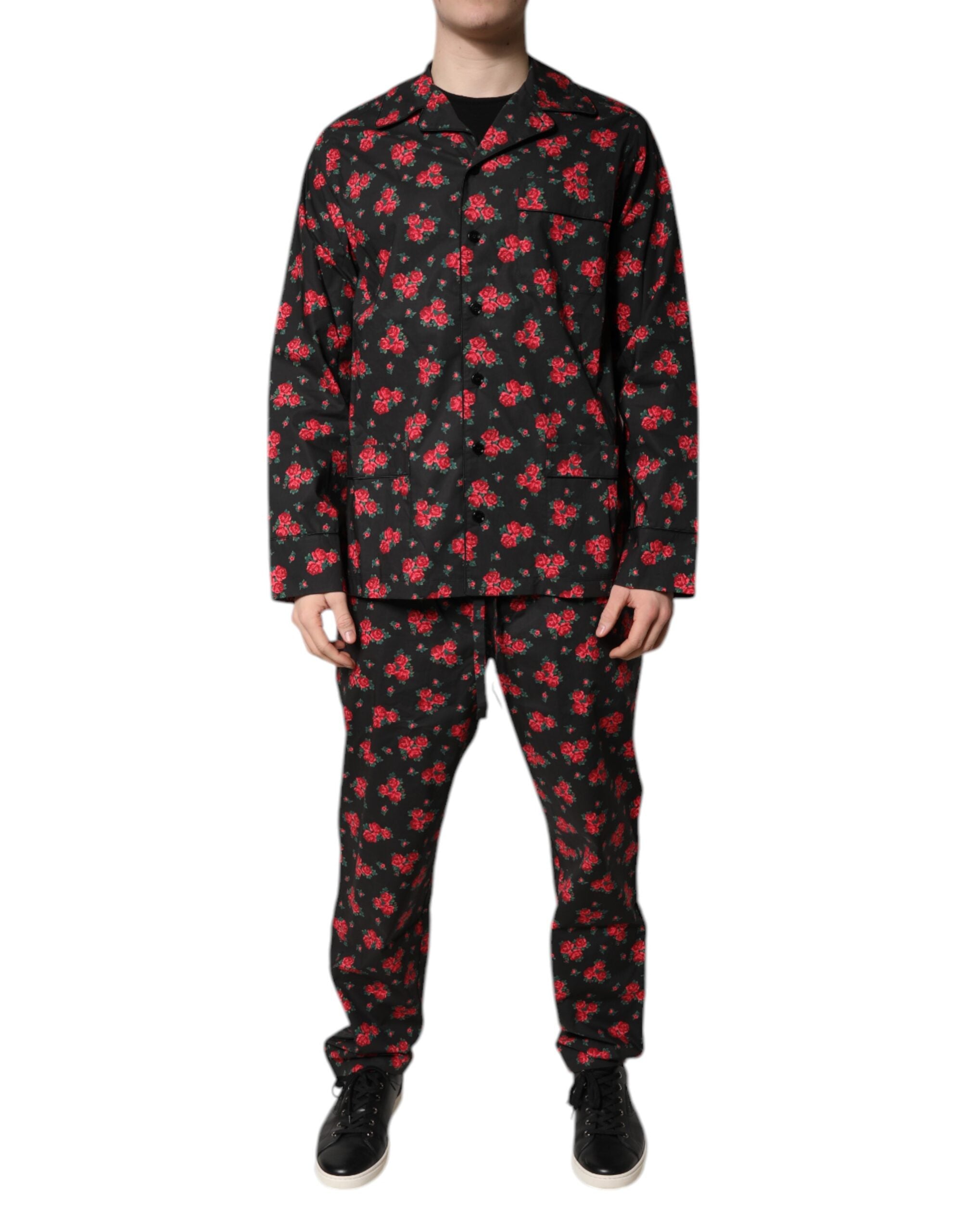 Black Floral Print Cotton Men Pajama Set Sleepwear - ventzia