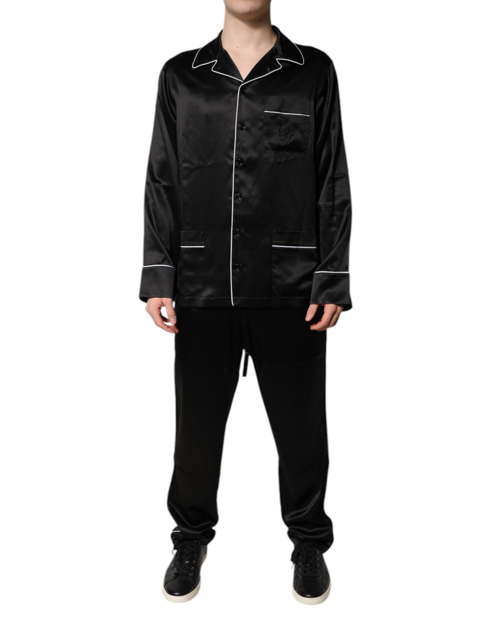 Black Silk Shirt Pants Pajama Set Sleepwear - ventzia