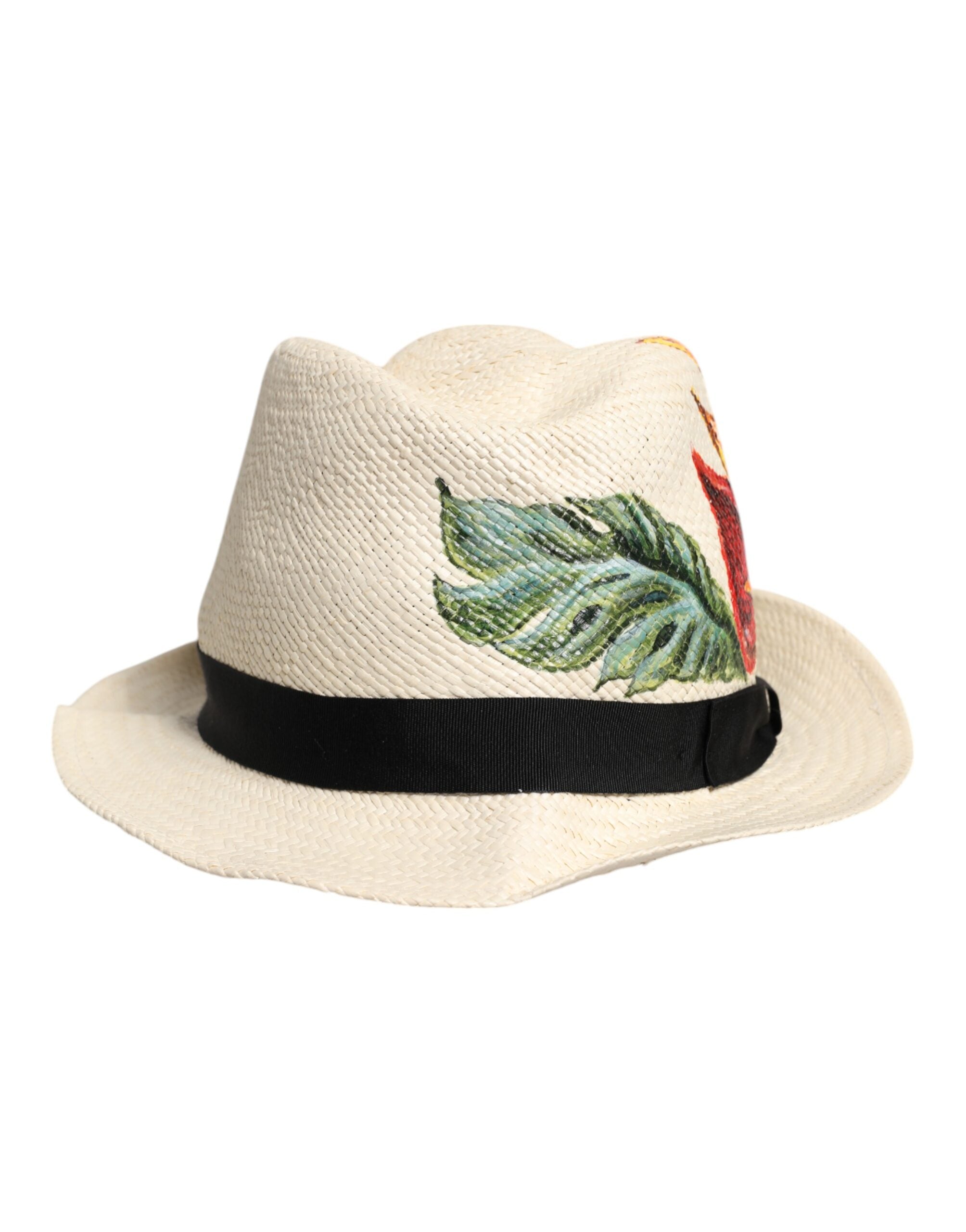 Beige Floral Print Straw Wide Brim Fedora Hat - ventzia