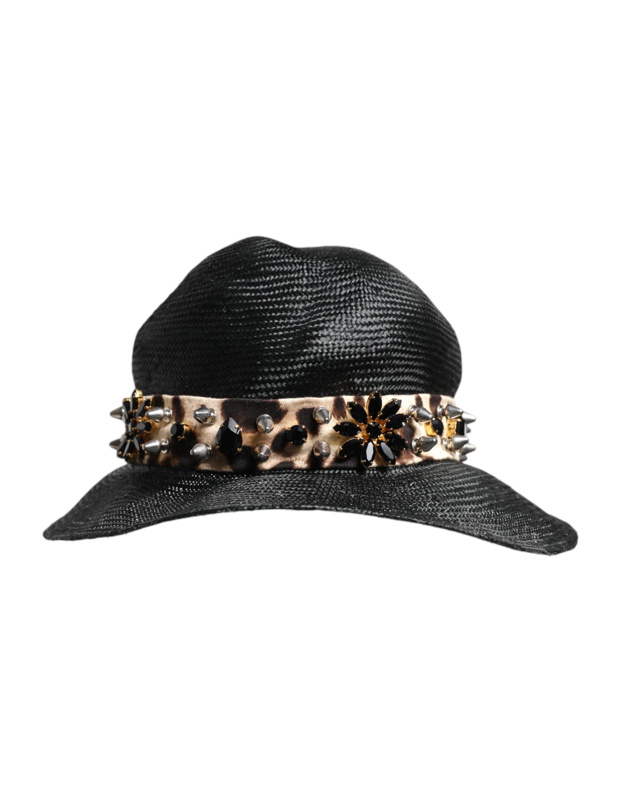 Black Straw Crystal Embellished Wide Brim Hat - ventzia