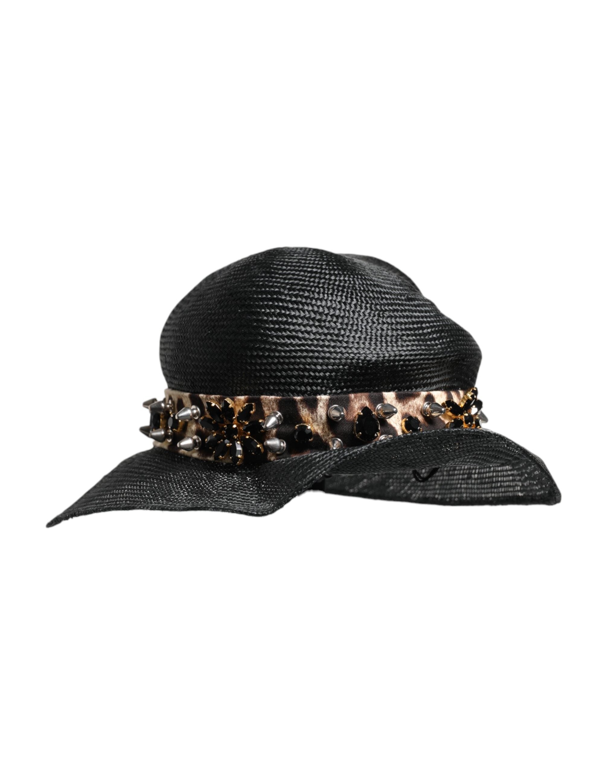 Black Straw Crystal Embellished Wide Brim Hat - ventzia