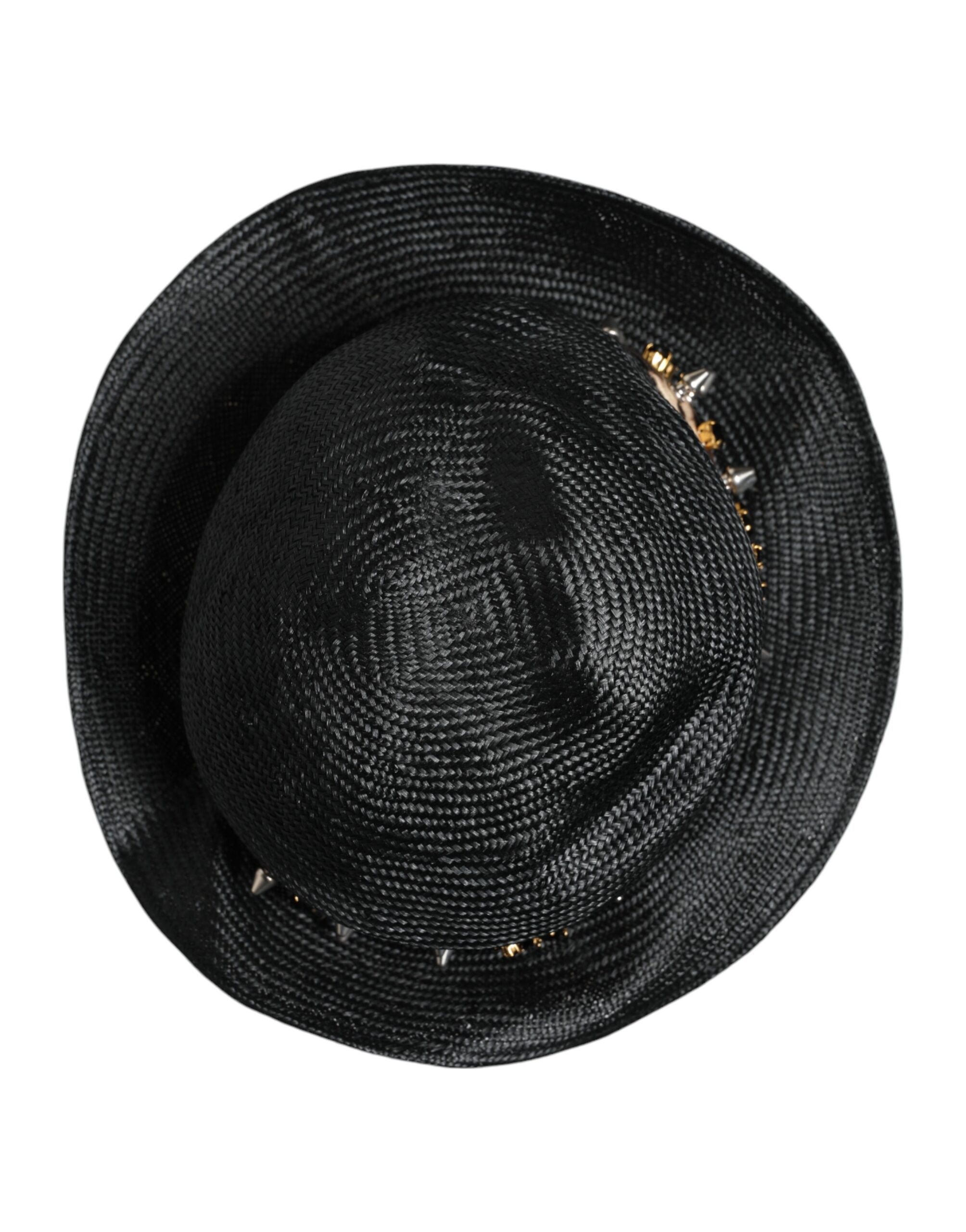 Black Straw Crystal Embellished Wide Brim Hat - ventzia