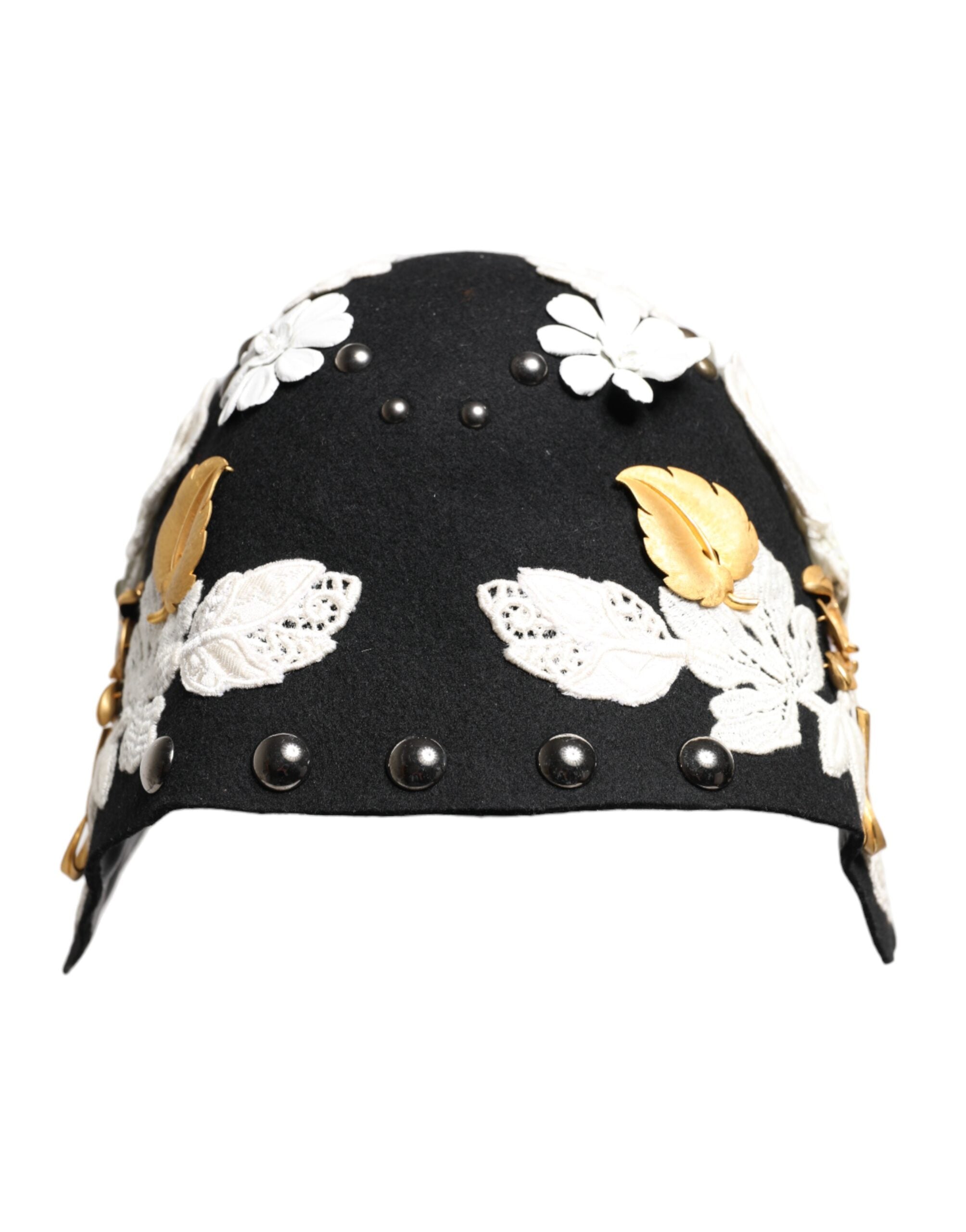Black Wool White Floral Gold Leaf Cloche Hat - ventzia