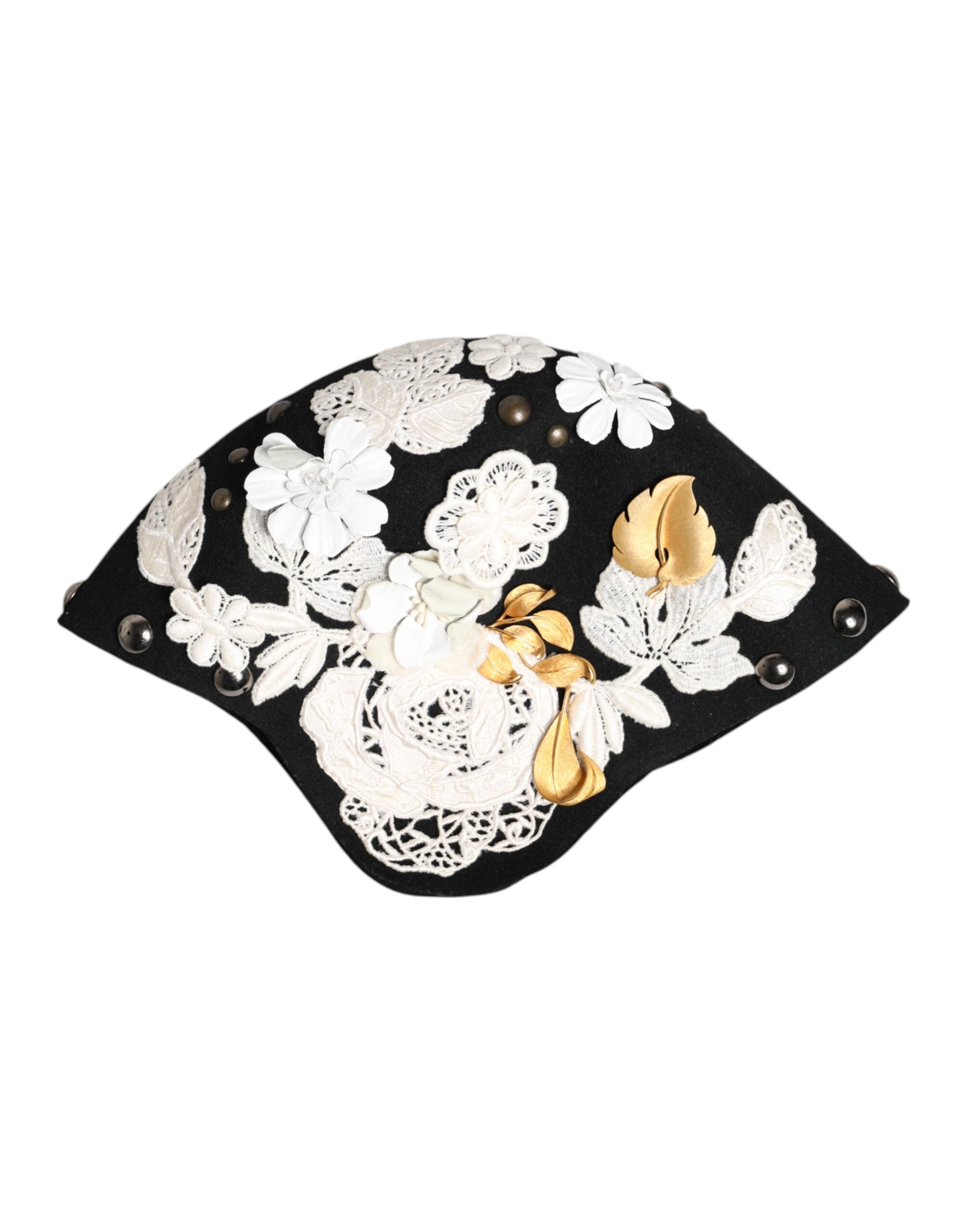 Black Wool White Floral Gold Leaf Cloche Hat - ventzia