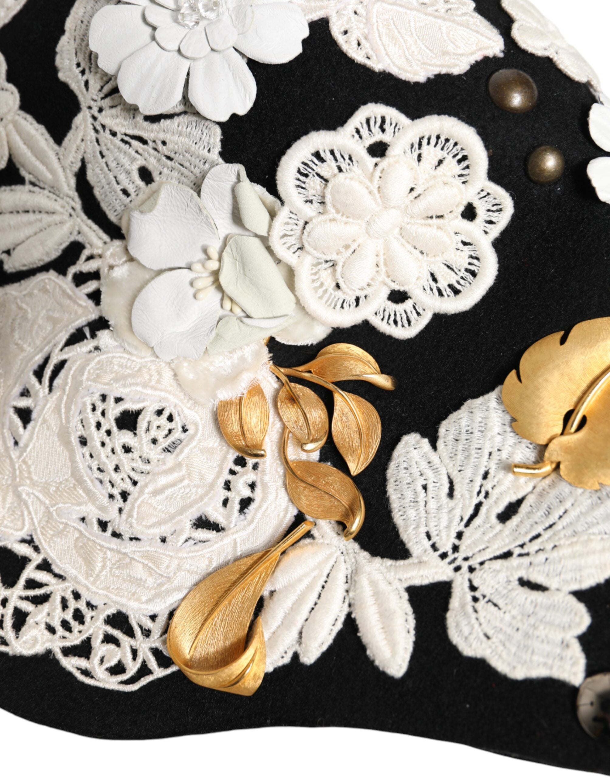 Black Wool White Floral Gold Leaf Cloche Hat - ventzia
