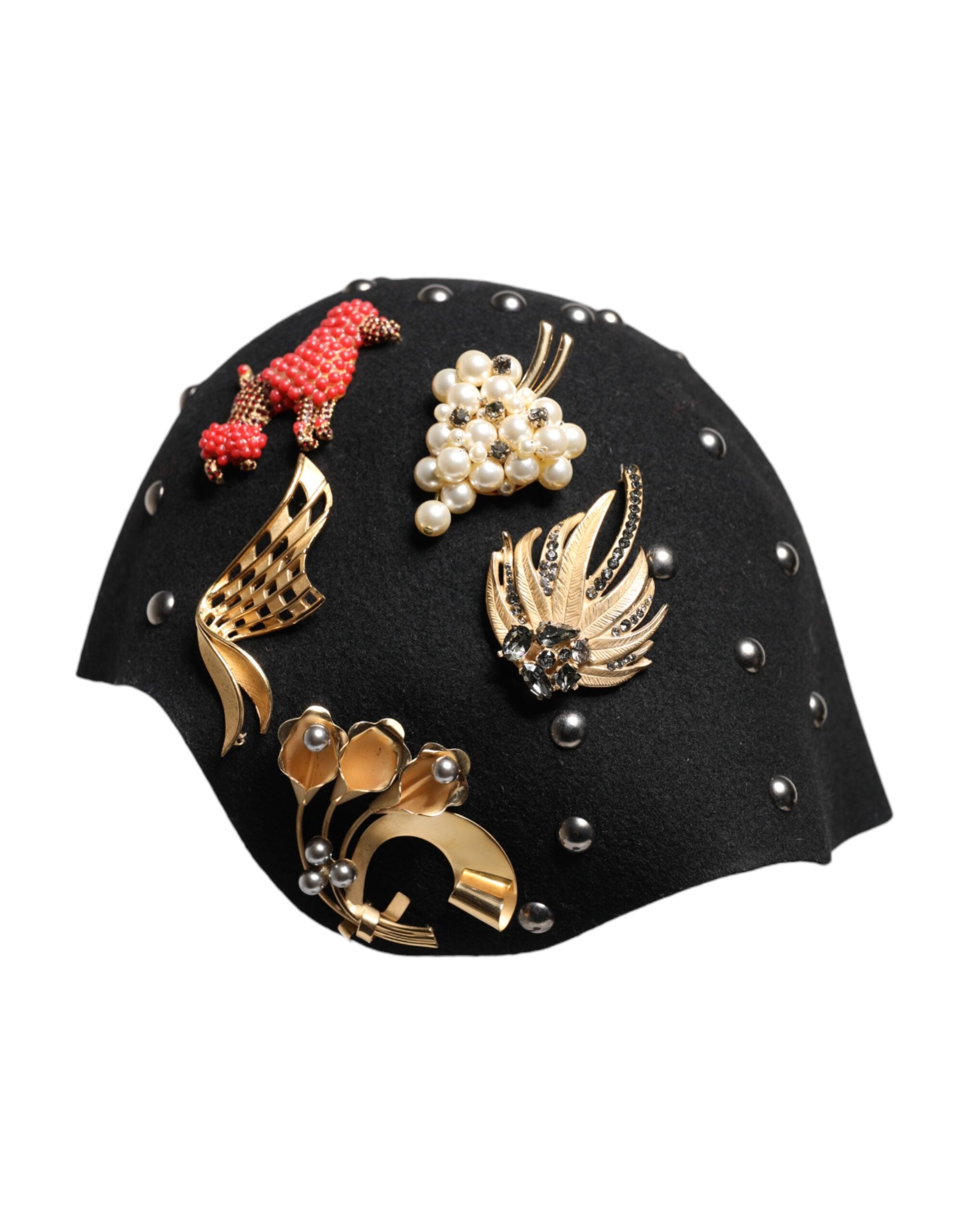 Black Wool Multicolor Embellished Cloche Hat - ventzia
