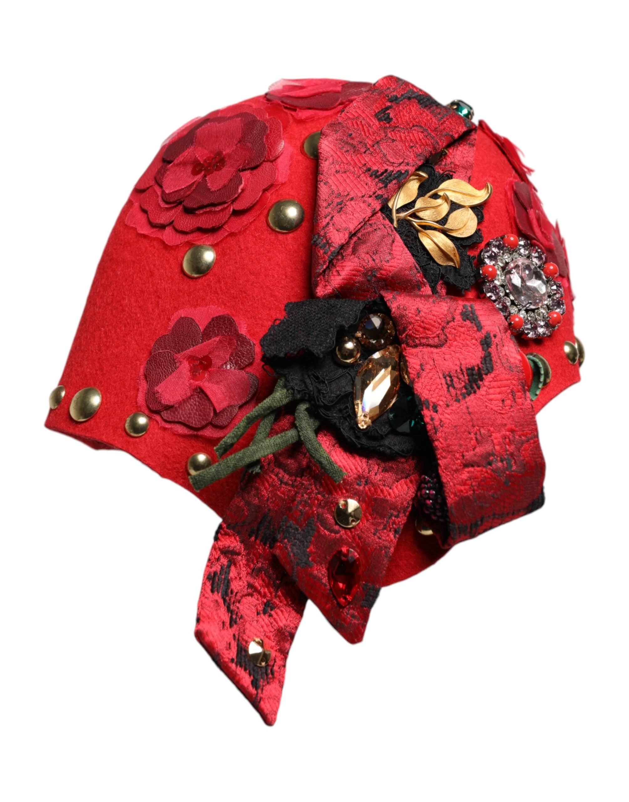 Red Crystal Gold Roses Brooch Embellished Hat - ventzia