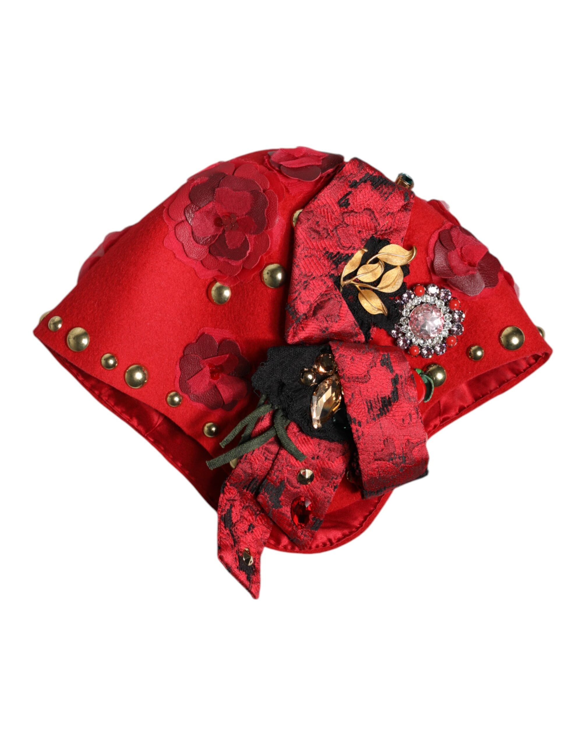 Red Crystal Gold Roses Brooch Embellished Hat - ventzia