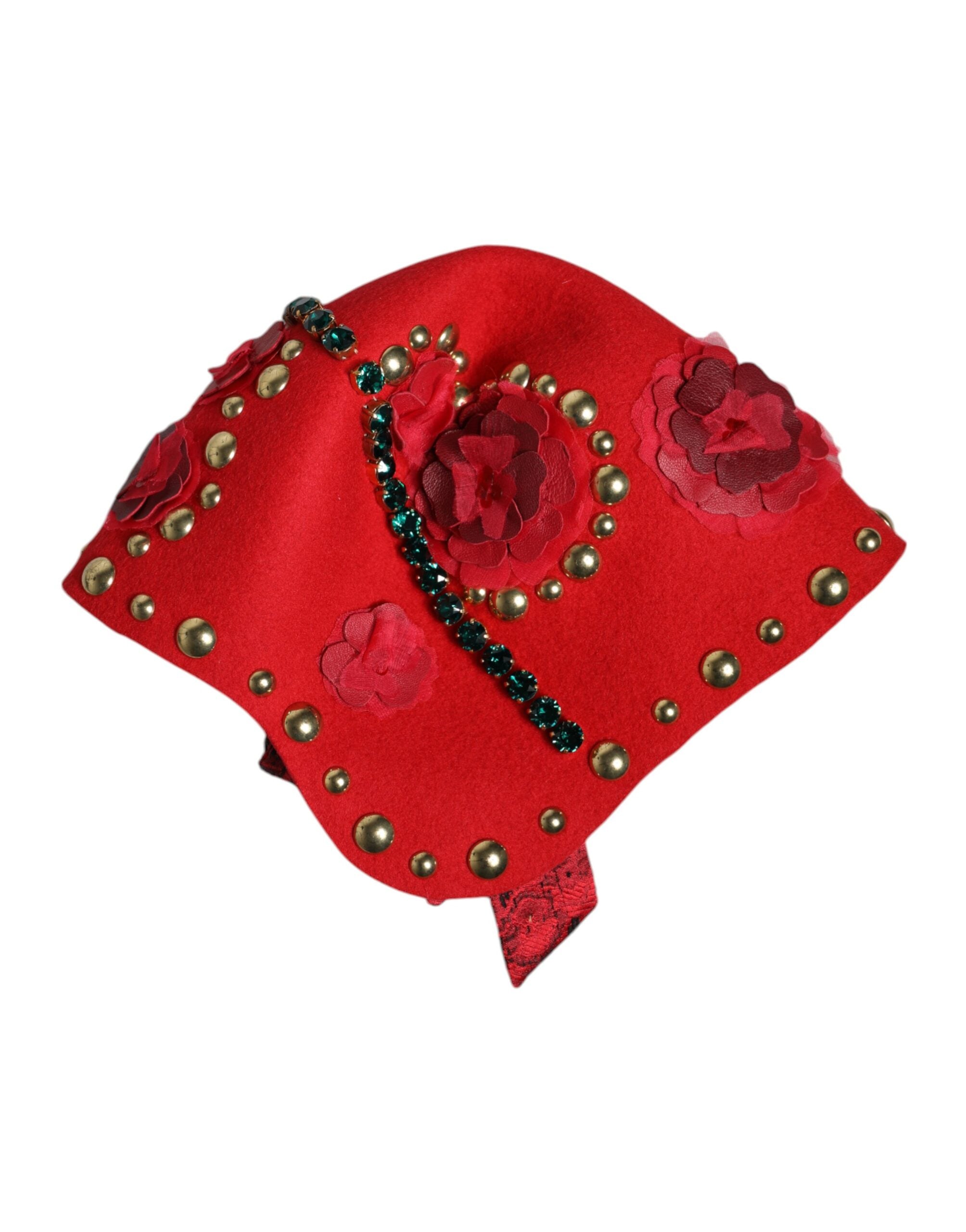 Red Crystal Gold Roses Brooch Embellished Hat - ventzia